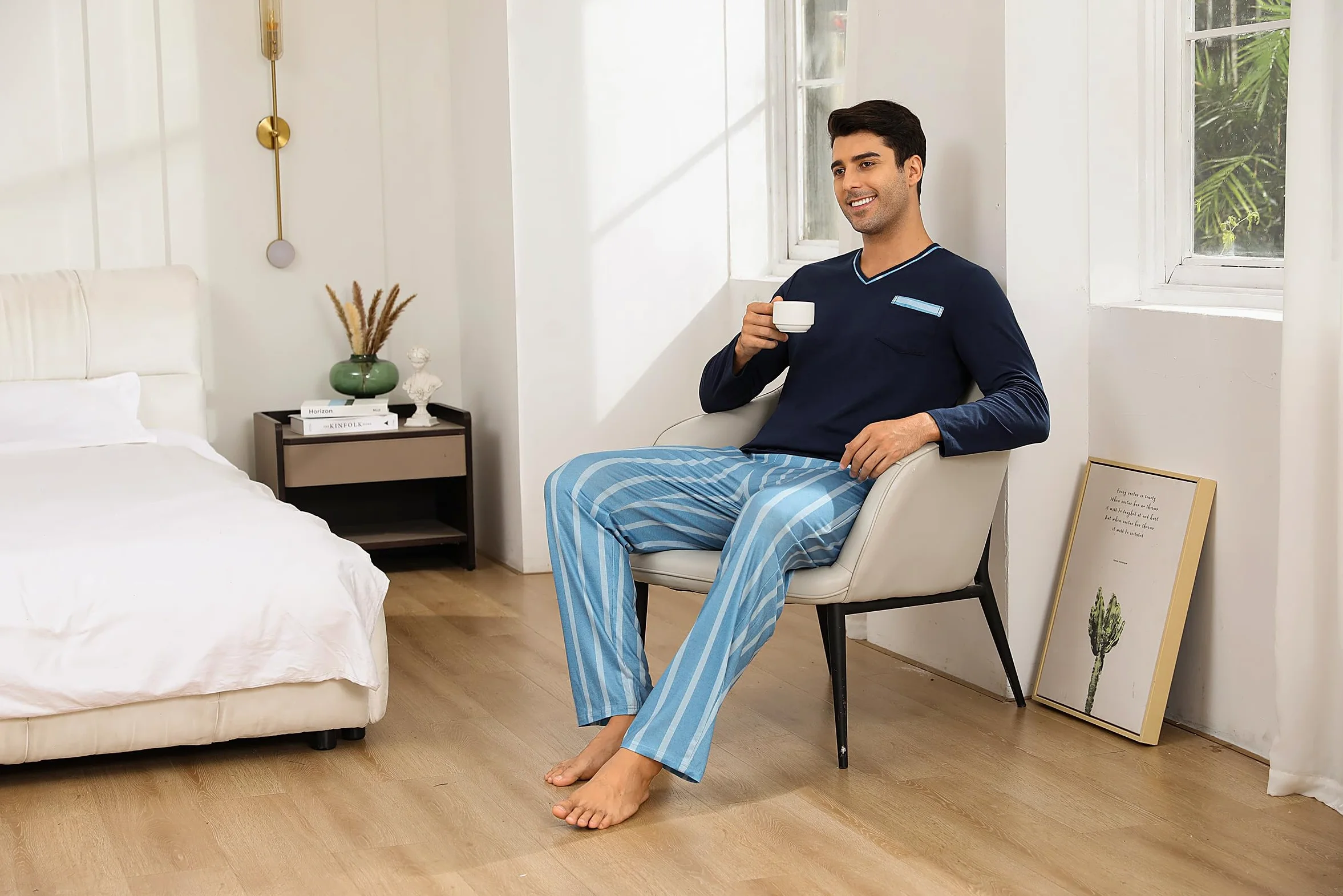 Demegimi Pijama Hombre Invierno Algodón Rayas Pijamas de Manga Larga para Hombres Conjuntos de Pijama de 2 Piezas Ropa de Dormir Cuello en V y Pantalones Largos Suaves