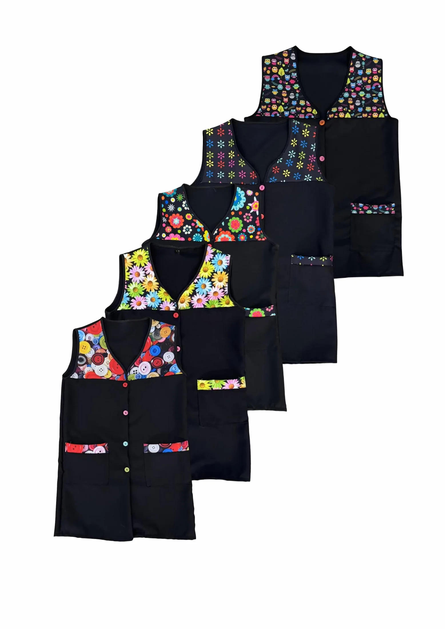 Victory Casaca Escolar Sin Mangas Mujer Botones Multicolor Delantal Mandil Chaleco Estampado Tres Bolsillos Uniforme Maestra Peluquera Auxiliar Limpieza Cuidado Infantil Lavable – SERIE 7061