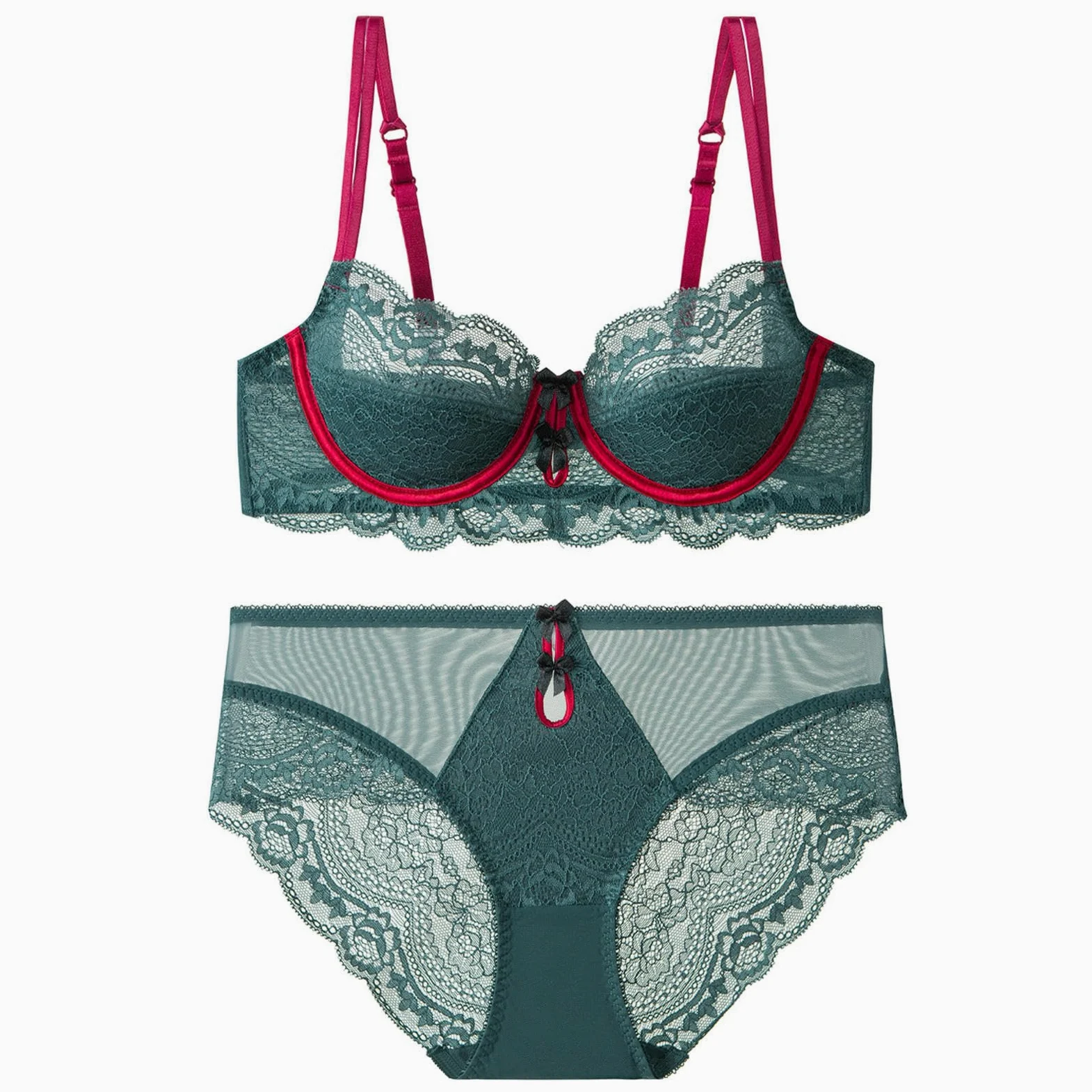 Sujetadores Bragas De Lencería Sexy Encaje Rojo para Mujer, Conjunto Sujetador Push-up Ultrafino Y Atractivo Pechos Grandes-Negro Atractivo-70b