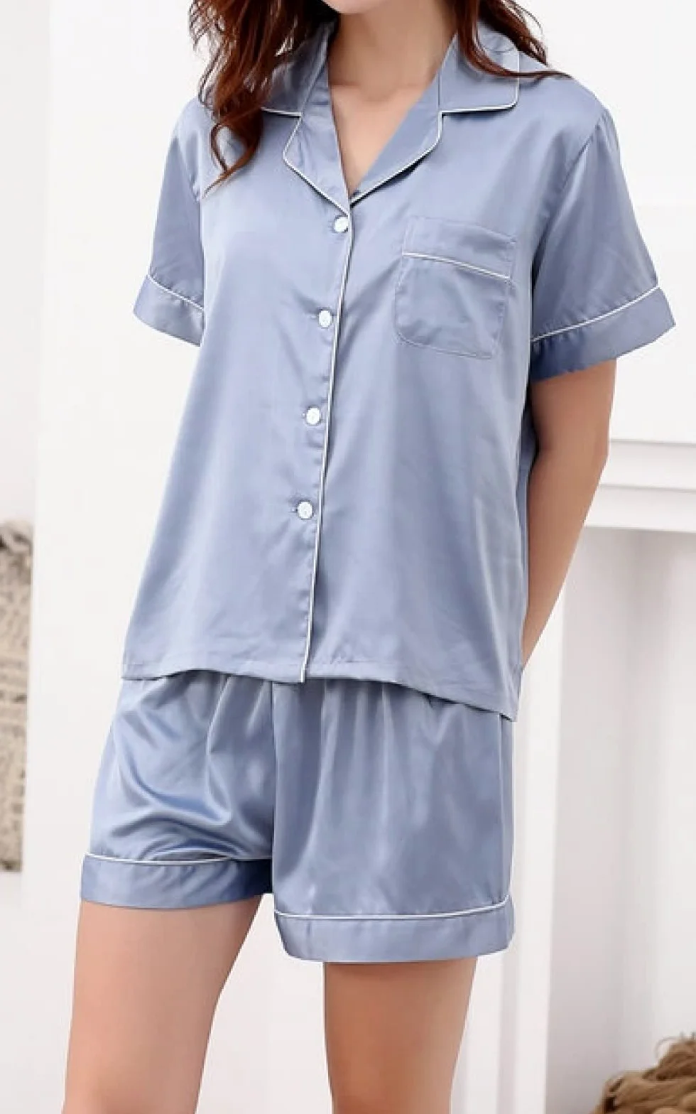 Pijama De Mujer Manga Corta,Botones De Solapa Azul Pijama De Manga Corta De Verano para Mujer Conjunto De 2 Piezas Pijama De Mujer Cómodo Y Suave Ropa De Salón Regalo del Día De La Madre para ESP