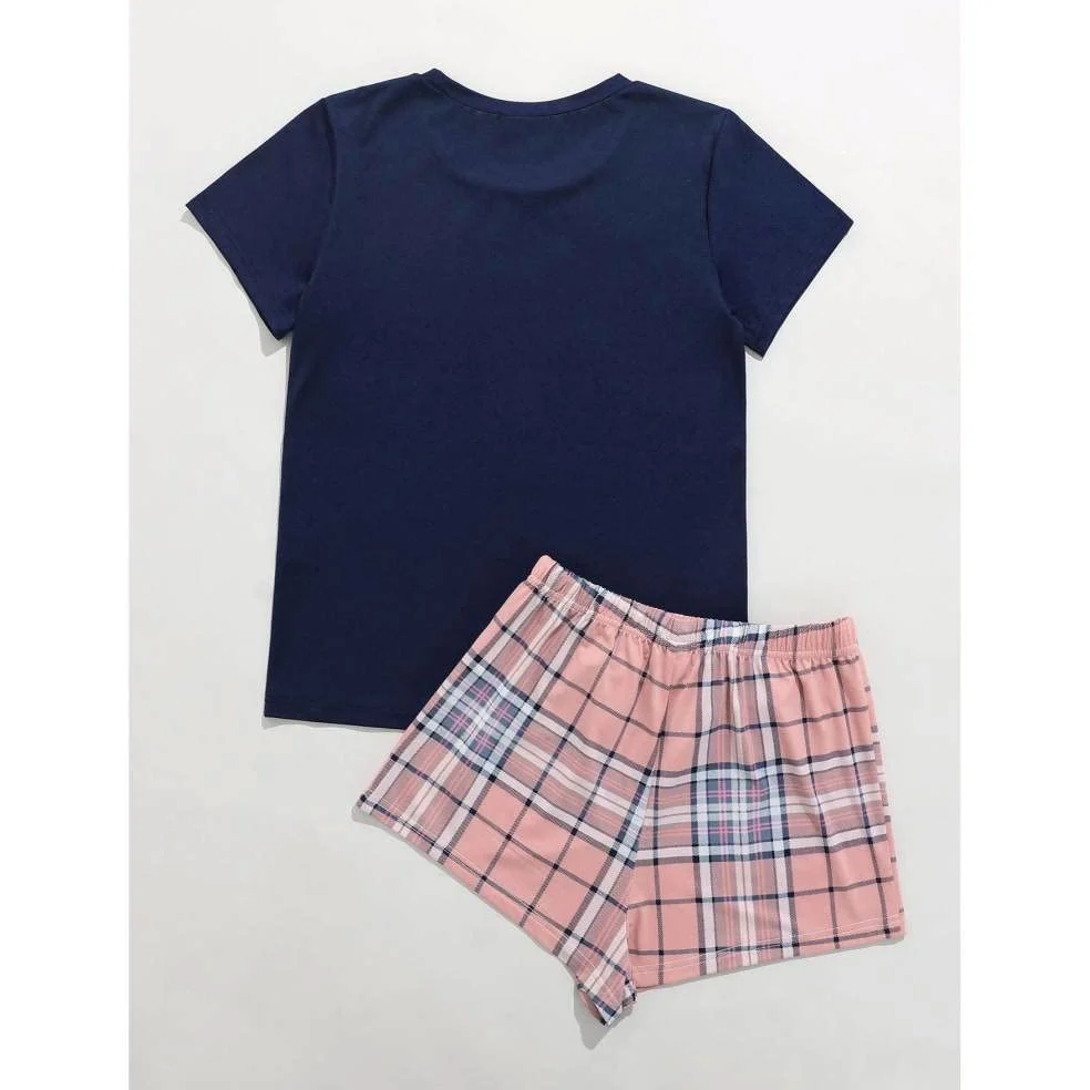 Pijama De Mujer Manga Corta,Tops Azules Y Pantalones Cortos A Cuadros Pijama De Manga Corta para Mujer Conjunto De 2 Piezas Pijama Suave Y Cómodo para Mujer Ropa De Descanso Regalo del Día De La M