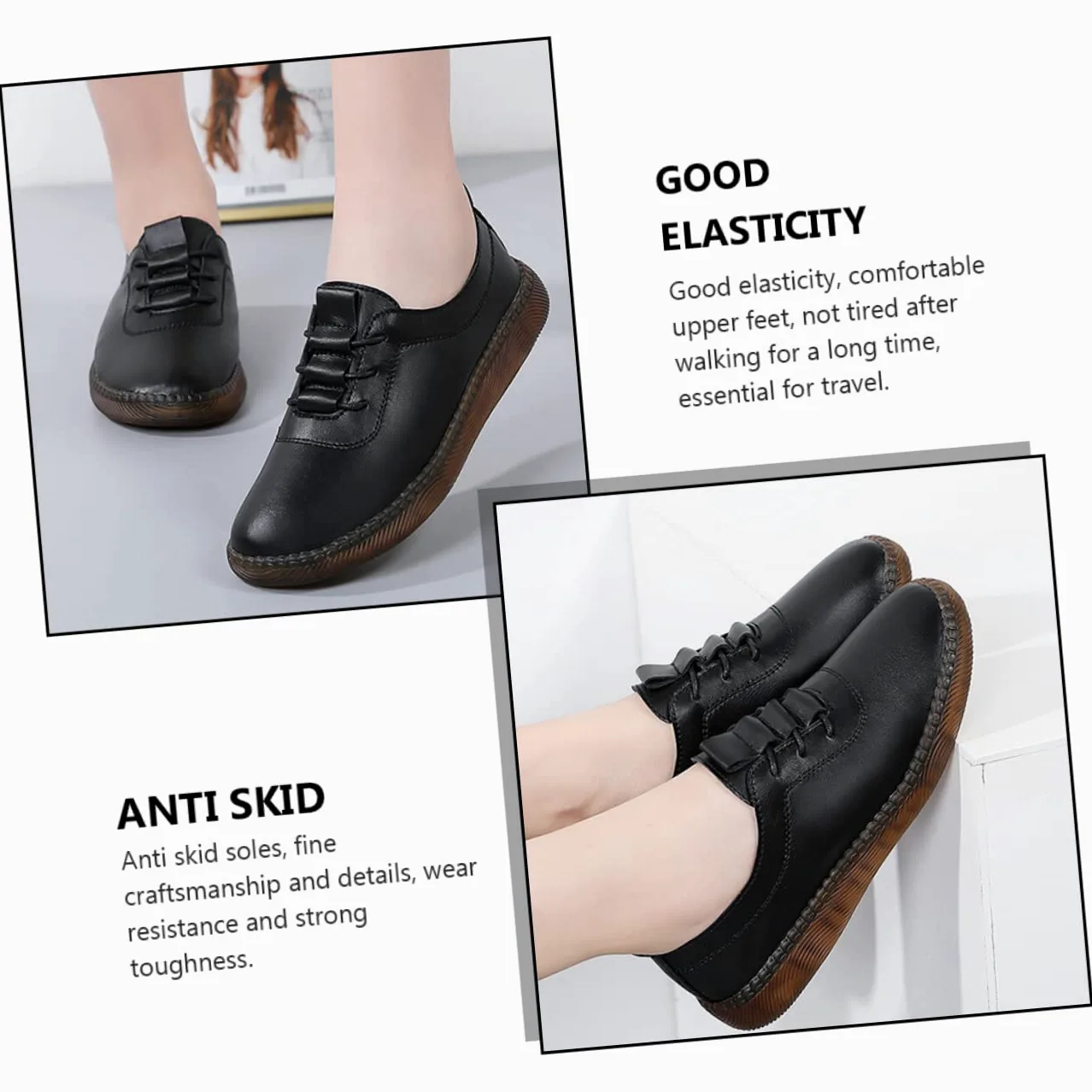 Homoyoyo Zapatos Planos de Cuero para Mujer Negros, Talla 40 | Antideslizantes y Ligeros, Uso Diario y Viaje, Estilo Casual Cómodo Acabado en Cuero