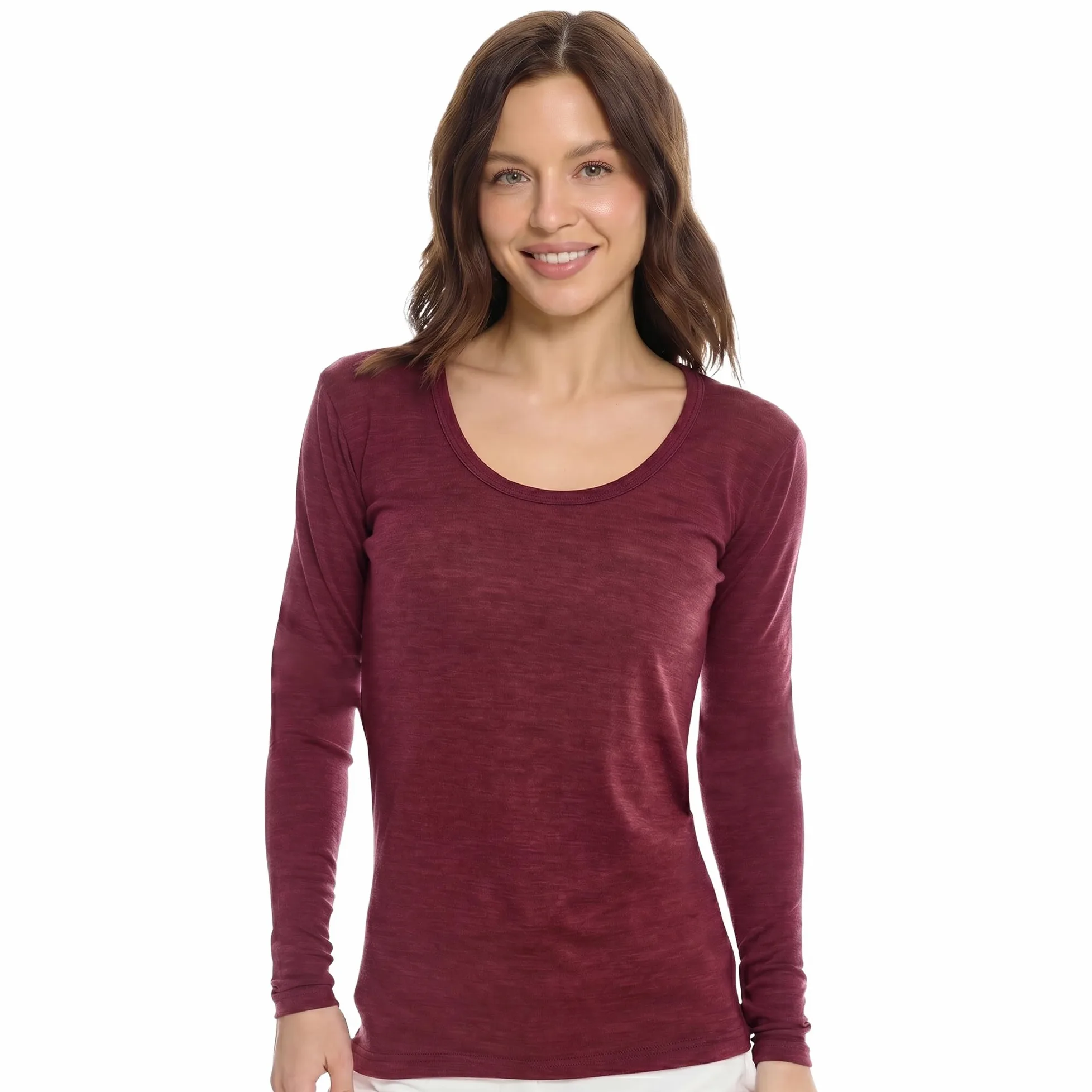 Merino.tech Сamisetas Mujer Manga Larga - 100% Lana Merino Ropa Termica (Small, 190 Burgundy Scoop)