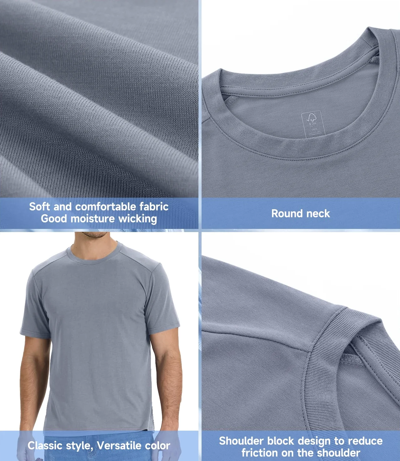 BAMBOO COOL Camisetas de manga corta para hombre, pesadas, cuello redondo, para hombre, absorben la humedad, camisetas casuales