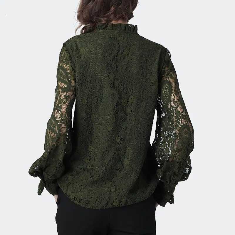 Blusas de Encaje Floral para Mujer Blusas de Malla de Manga Larga ahuecadas Blusa Holgada con Cuello en V con Volantes para Mujer Blusa Coreana de otoño (Negro XL)