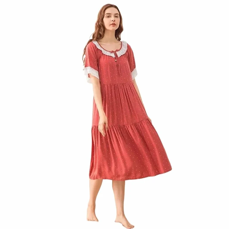 OFFSUM Camisón De Pijama De Mujer - Ropa De Dormir Informal De Estilo Coreano con Encaje De Algodón Bordado Ropa De Casa Informal con Temperamento De Verano Lencería De Color Sólido De Talla Gran