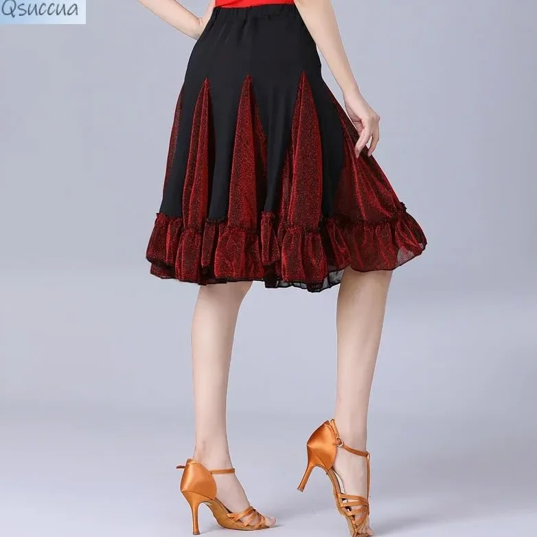 Falda de Baile Latino Falda Femenina Ropa de práctica de Baile for Adultos Falda de Baile Falda Corta Falda de Gran Vuelo(Blueblack,XL)