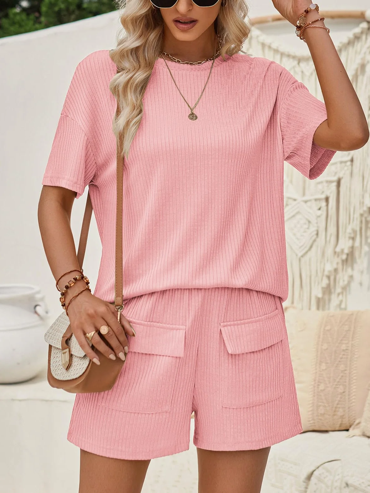 Rayson Chandal Mujer Chándal Completo 2 Piezas Verano Pantalones Cortos con Bolsillos y Cuello Redondo Top