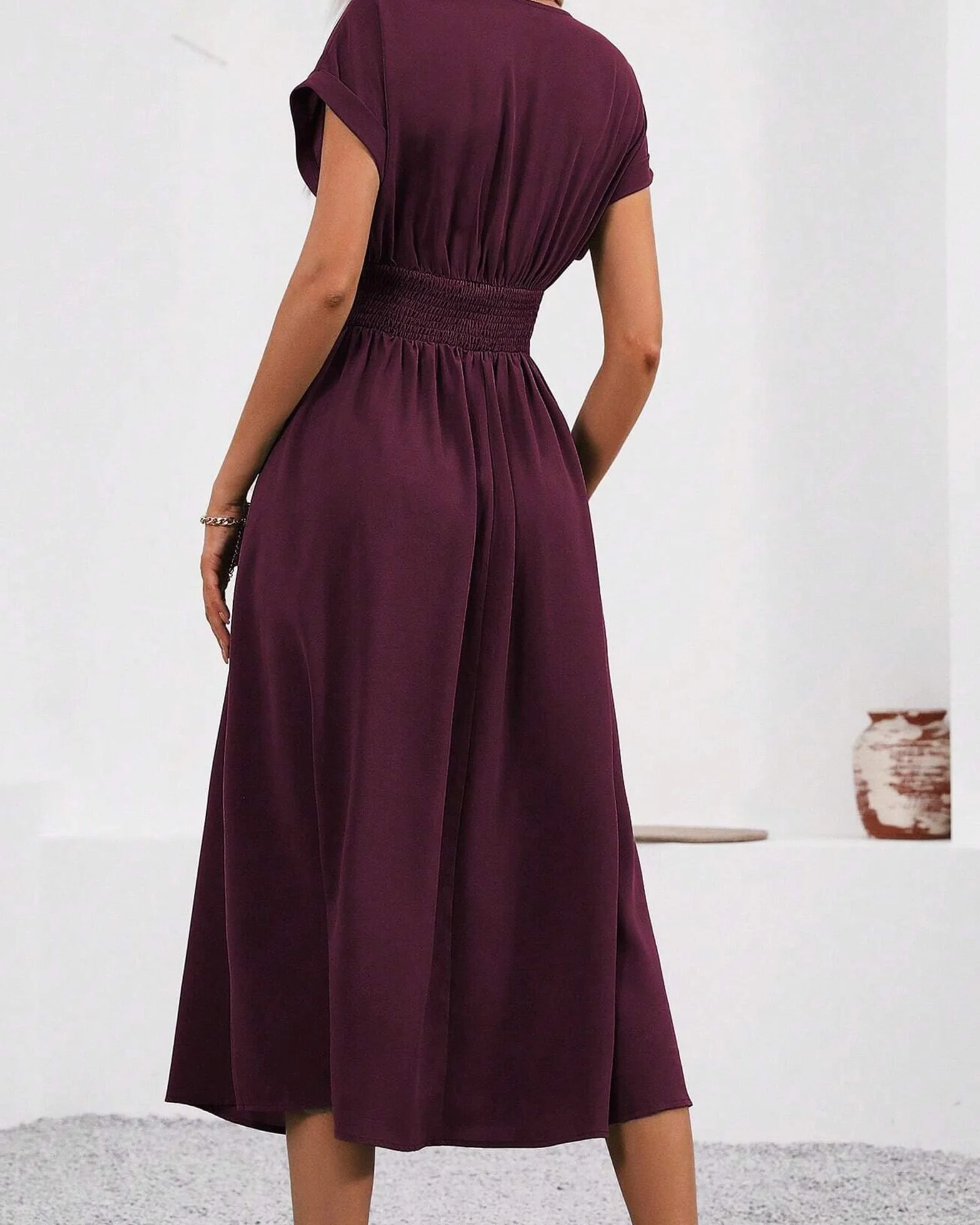 Vestido Largo Elegante Mujer Verano Cuello en V Manga Corta Casual Elástico