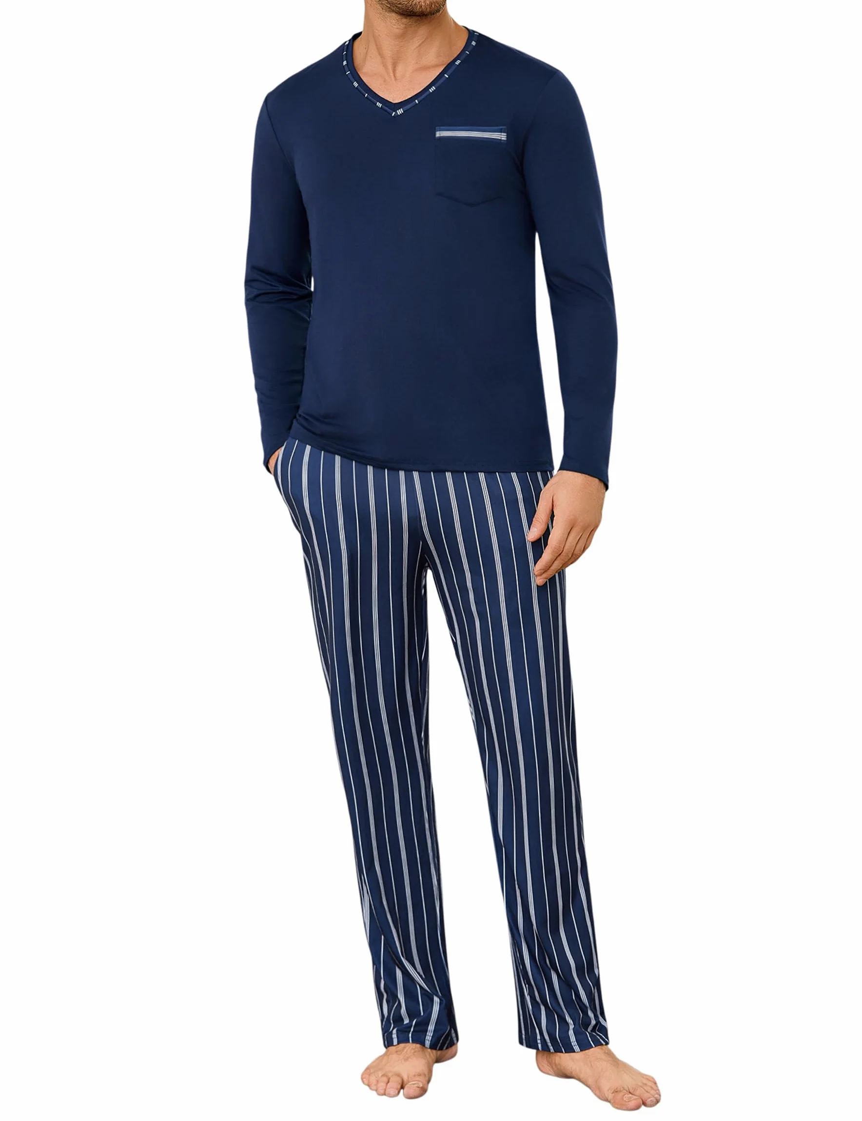 Demegimi Pijamas para Hombre Invierno de Manga Larga Algodón Conjunto de Cuello Redondo Ropa de Dormir 2 Pieza