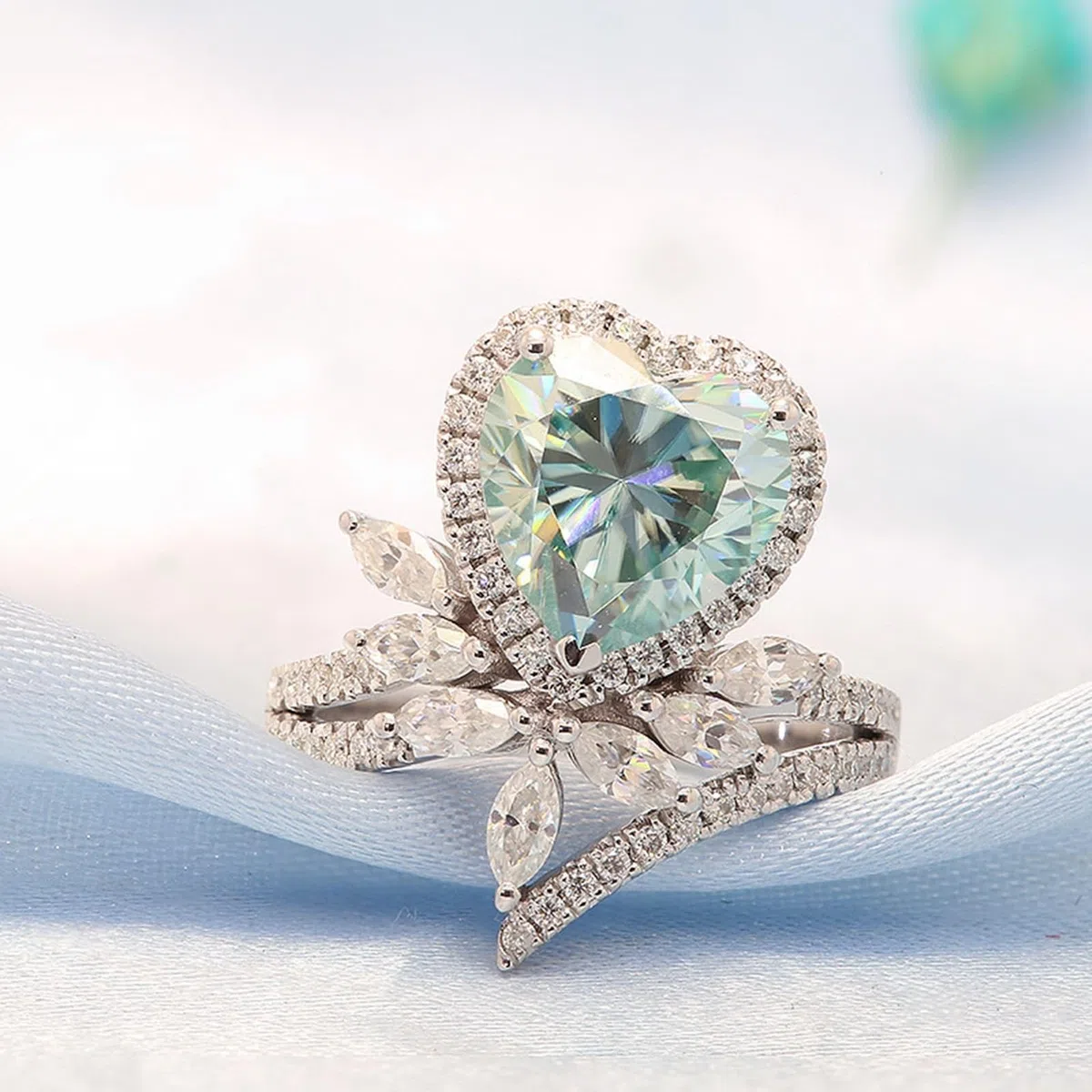 Anillo de compromiso de oro blanco de 14 quilates, anillos para mujer con corazón de flores