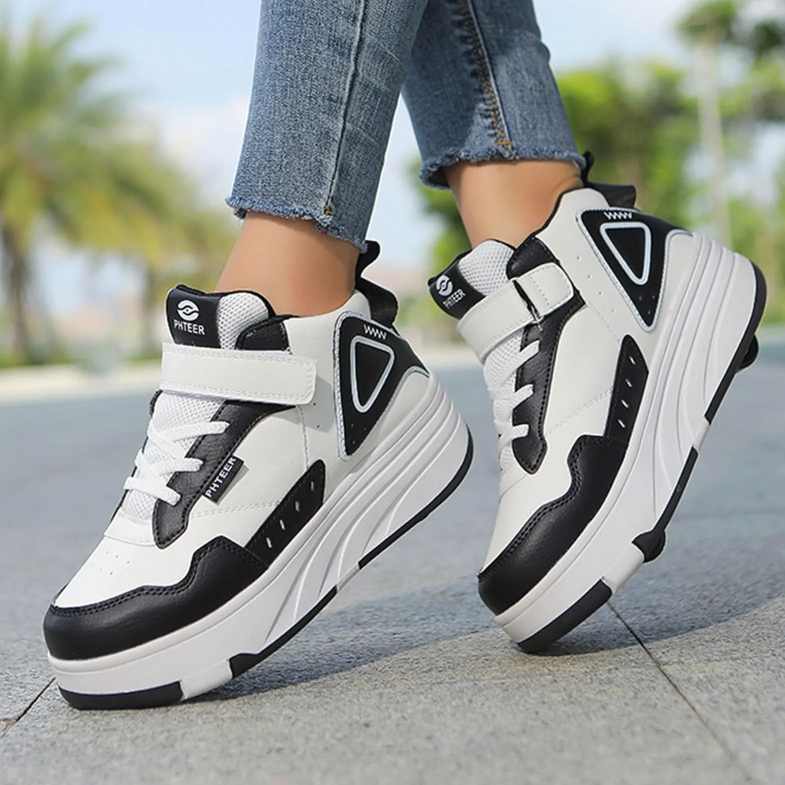 Surwin Zapatillas con Ruedas Niña, Hebilla de Nailon Zapatos de Caña Media de Niños con Ruedas 2 en 1 Zapatillas de Skateboard Zapatos de Skate Roller Skate Shoes Sneakers Moda
