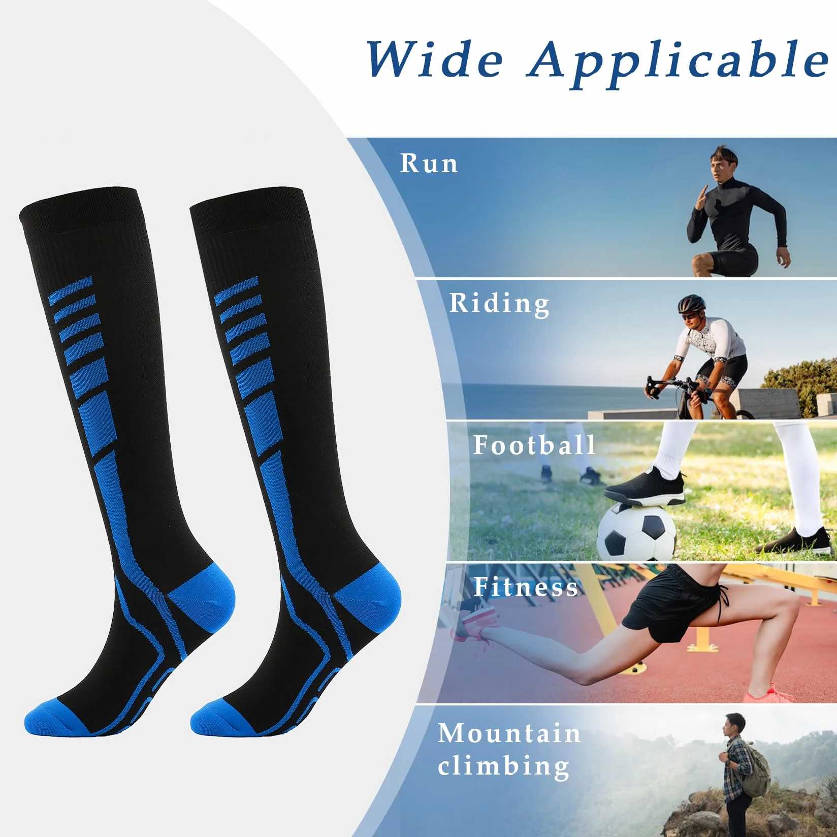 Calcetines de Compresión Graduada Hasta la Rodilla para Hombres y Mujeres L/XL Negro Azul