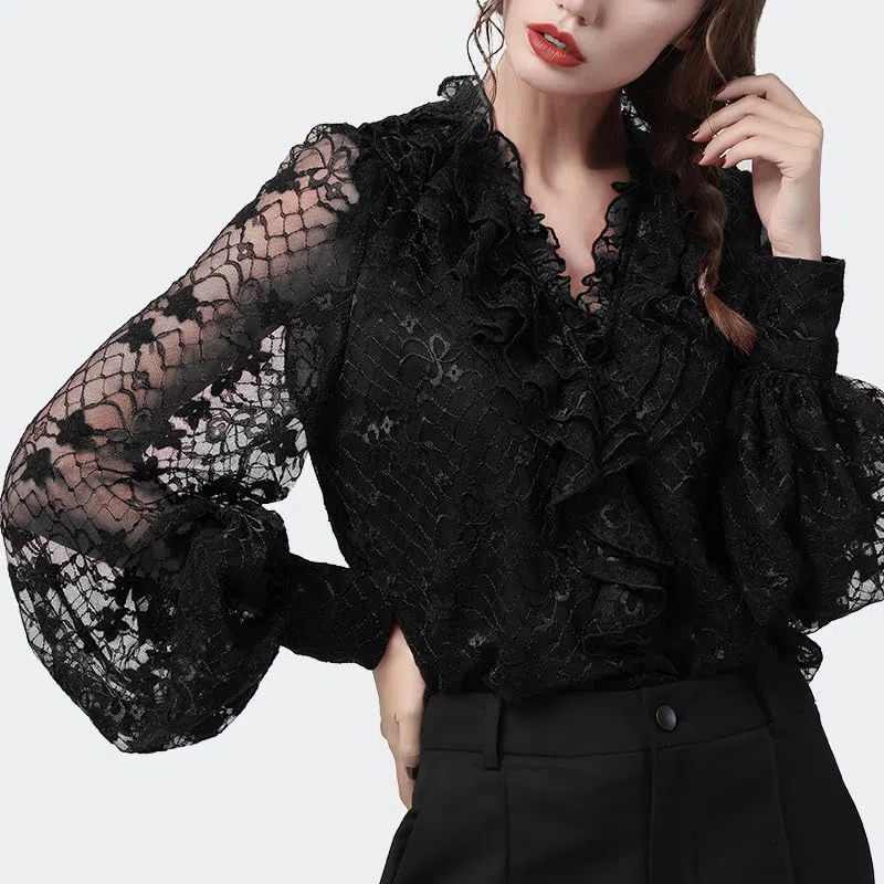 Blusas de Encaje caladas Sexis para Mujer, Blusas holgadas de Talla grande con Mangas abullonadas y Cuello en V, Blusas Informales de Verano para Mujer (Rojo L)