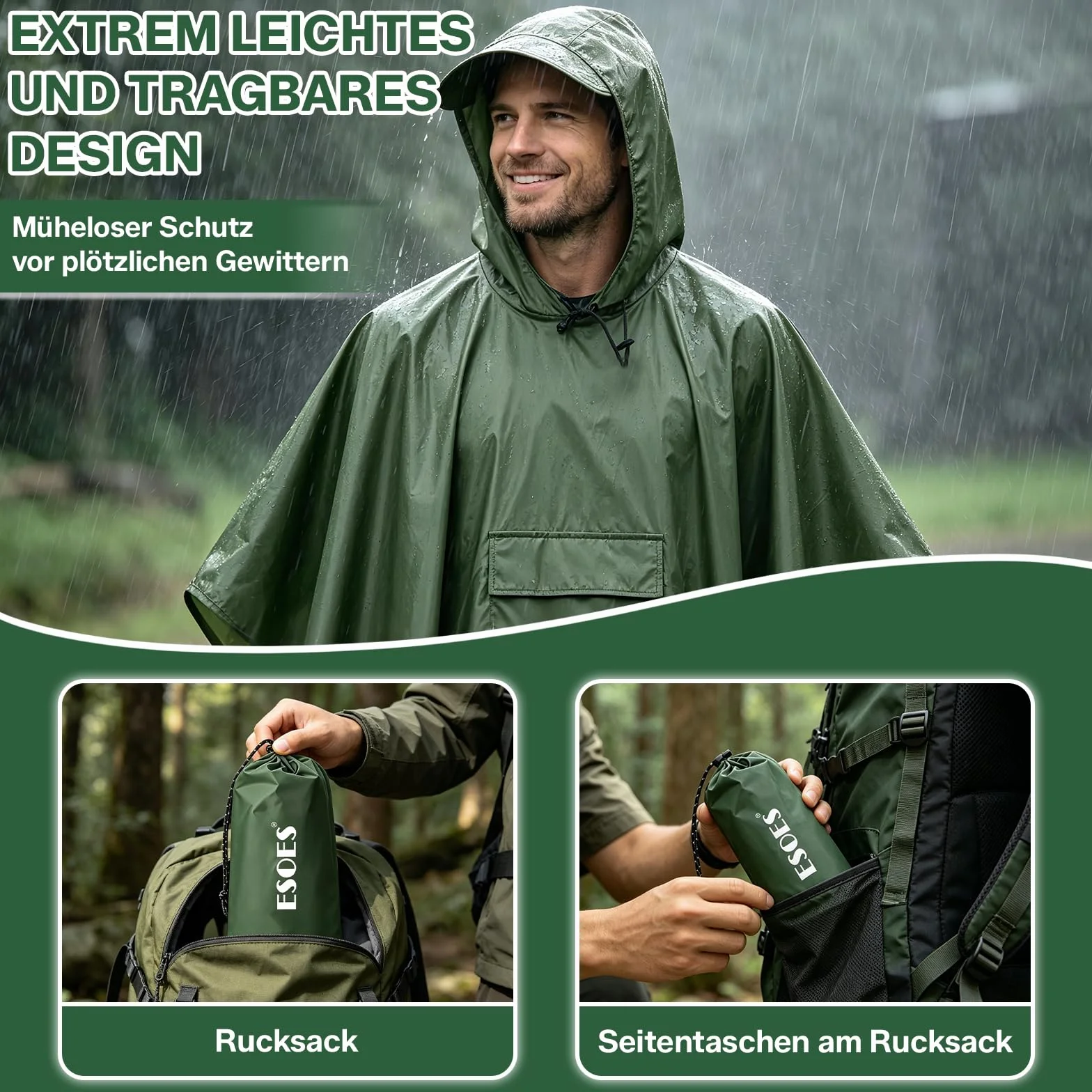 Esoes Poncho impermeable ligero hombre y mujer, chaqueta impermeable multiusos para actividades al aire libre con capucha, bolsa plegable y cubrezapatos
