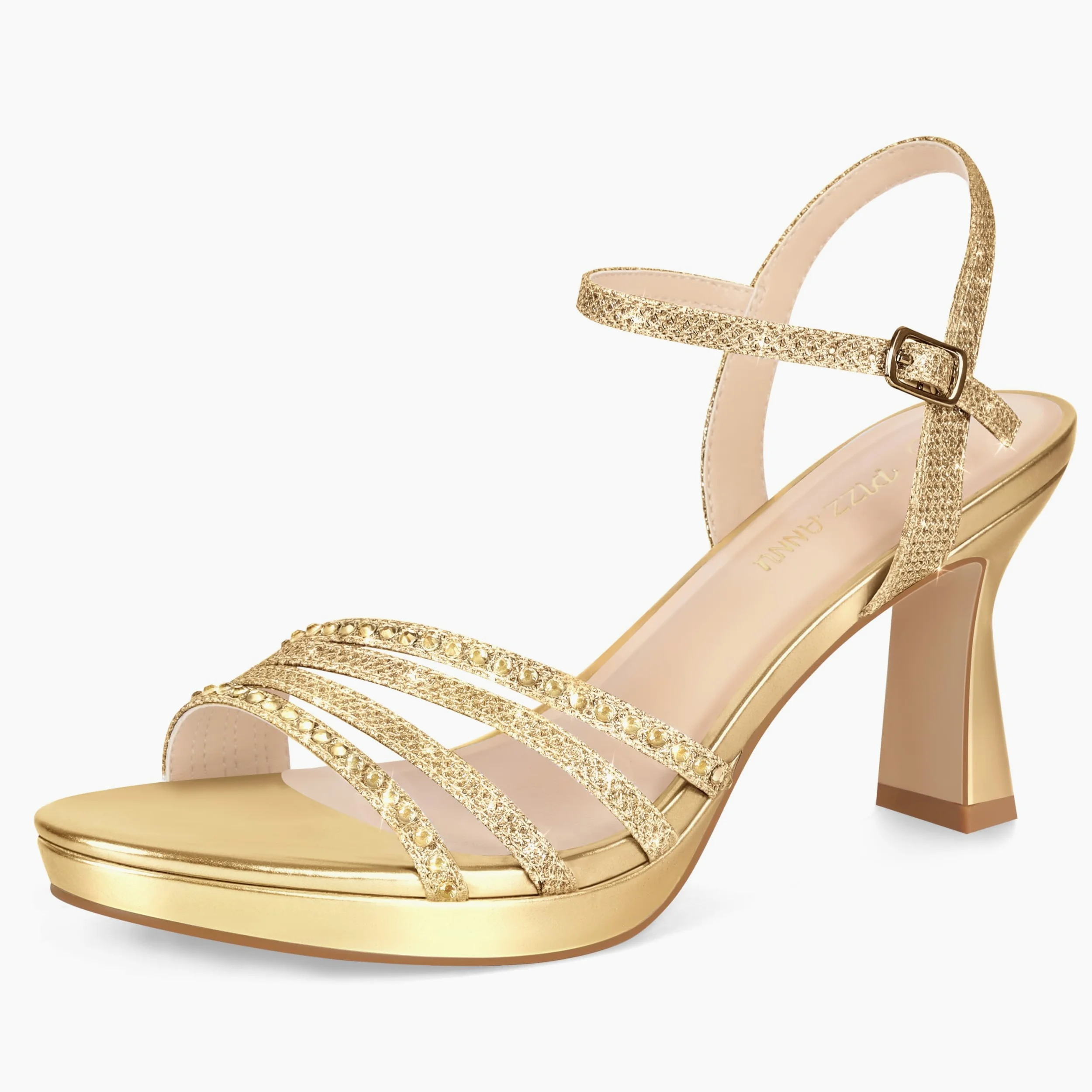 PIZZ ANNU Lena Sandalias Plataforma Mujer Verano Comodas con Hebilla Ajustable, Zapatos Fiesta Tacones Boda de Vestir Tiras Moda, Punta Abierta con Brillantes