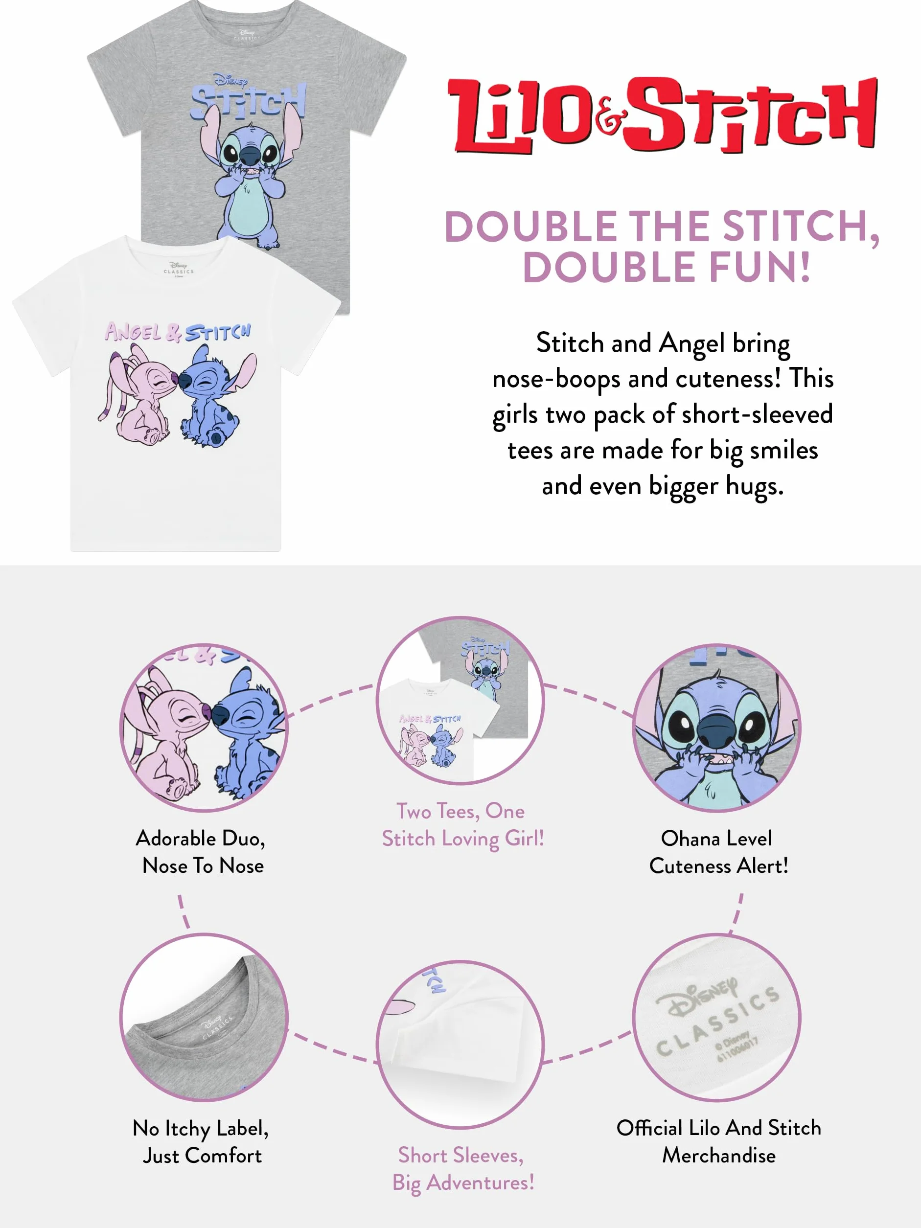 Disney Camiseta Stitch Niña | Camiseta Manga Corta Niña Paquete De 2