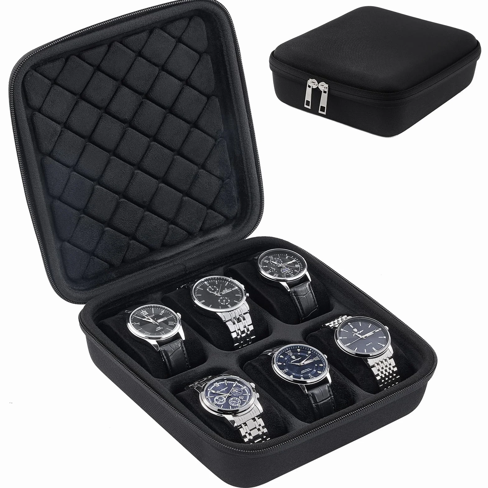 ProCase Estuche para Relojes de Viaje - Caja Rígida con 6 Ranuras, Organizador Multi-Compartimentos. Ideal para Hombres y Mujeres de Negocios, Práctico para Viajes, Regalos y Uso Diario - Negro