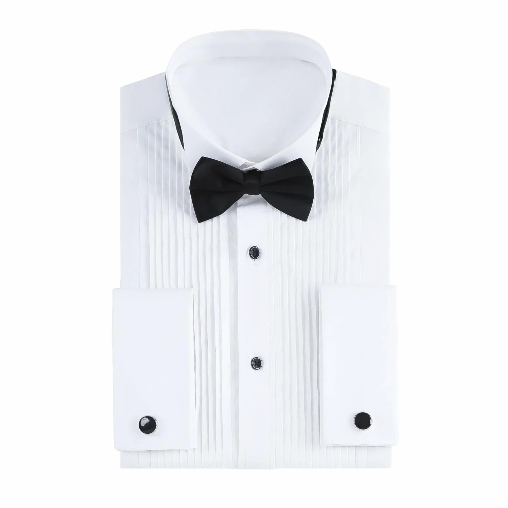Gollnwe Camisa de Esmoquin para Hombre, Cuello de ala, puños franceses con Gemelos y Pajarita