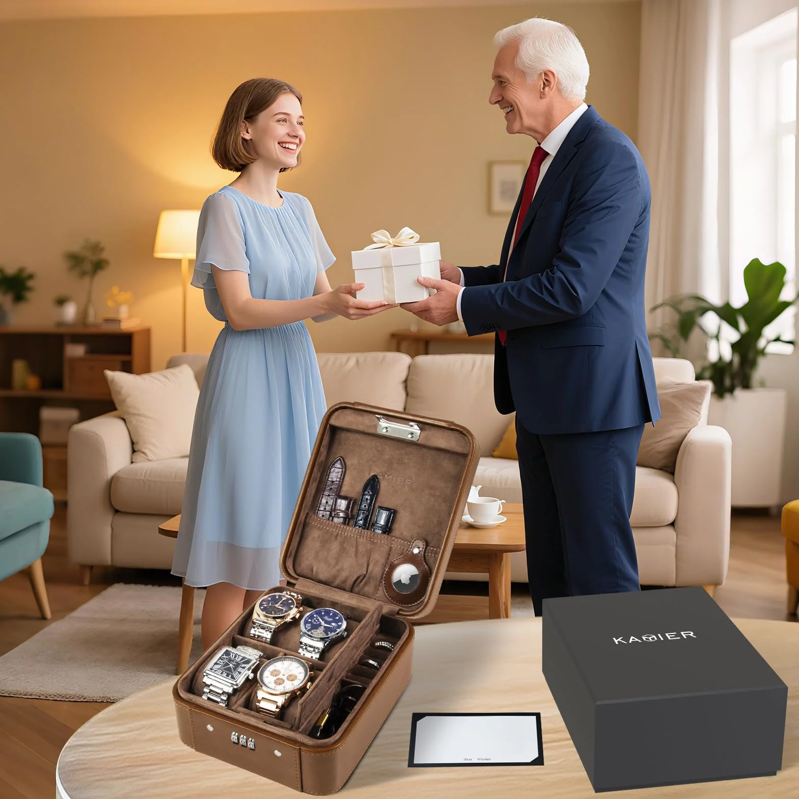 KAMIER Caja de reloj con cerradura de combinación, almacenamiento de 4 relojes y organizador de joyas, estuche de viaje para almacenamiento de anillos y relojes, funda de reloj de viaje de piel