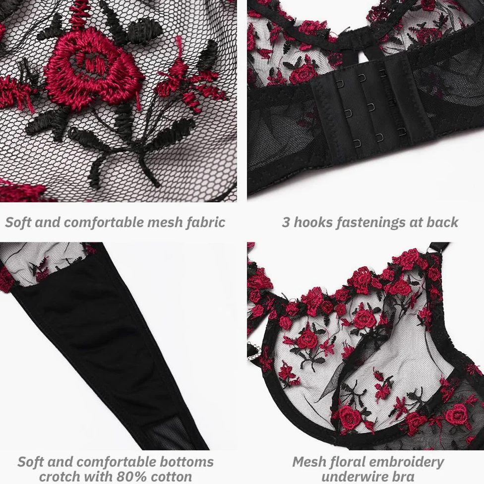 Conjuntos de lencería Sexy con Aros y Bordado Floral para Mujer, 2 Piezas con Sujetador de Malla Transparente y Panty de Cintura Alta, Ropa de Dormir Transparente con realce, Ropa Interior con Correa
