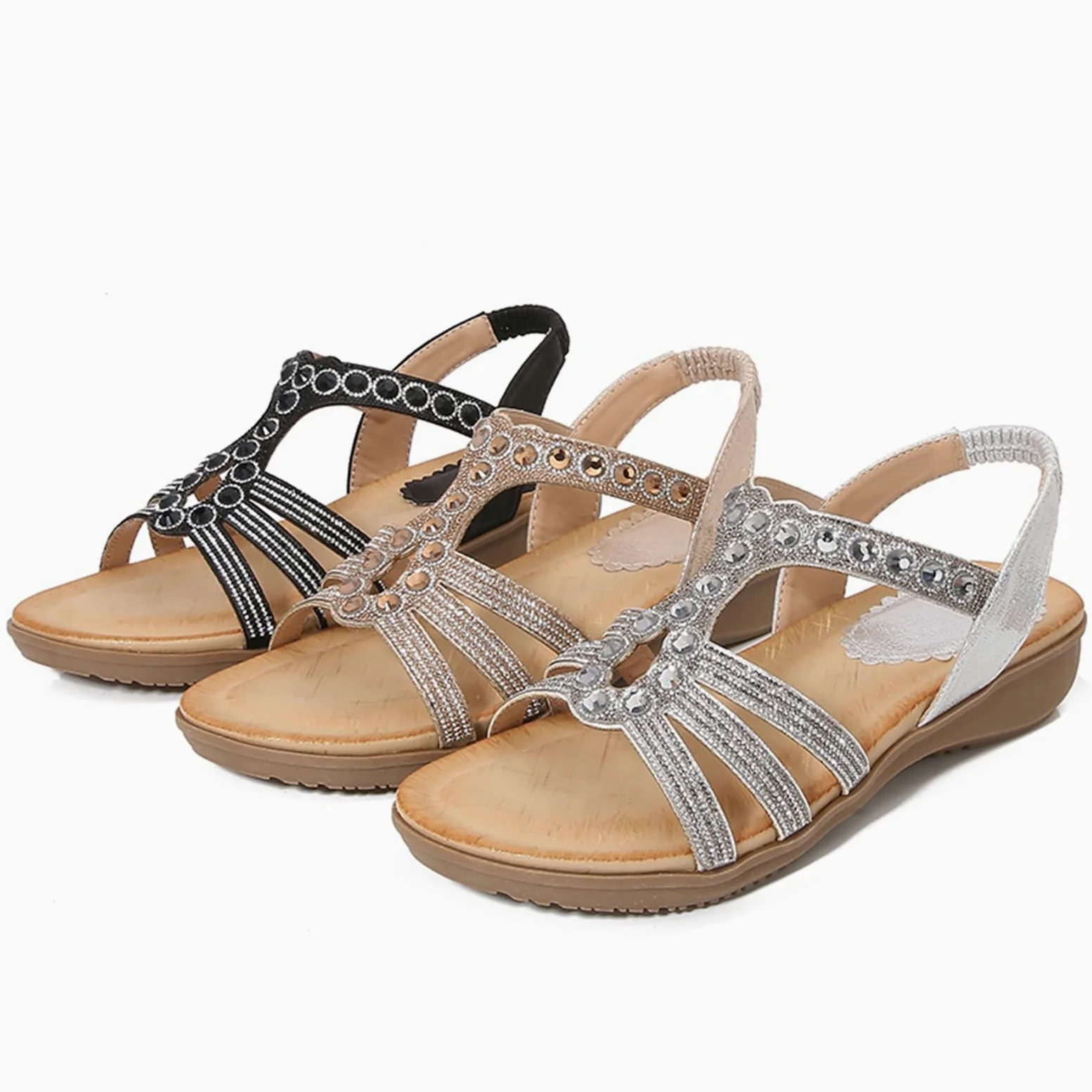 Generisch 2026 Zapatos de mujer Boho Sandalias Sandalias con Cuentas Rhinestones Hebilla Elástica Tacón Elástico Sandalias con Correa