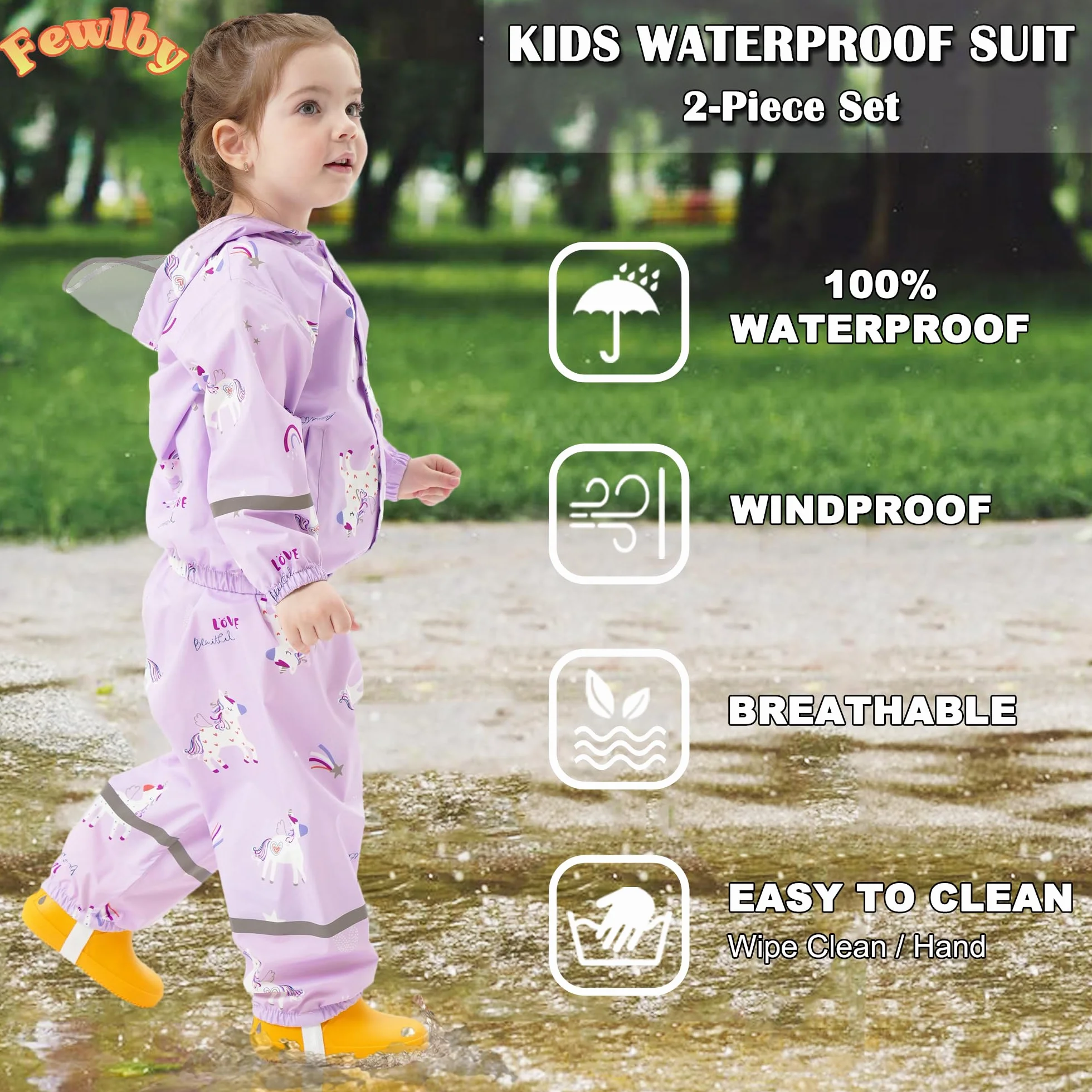 Impermeable Chubasquero Niñas - Abrigos Impermeables & Pantalones Conjunto de 2 Piezas, Niñas Chaqueta de Lluvia con Capucha Pantalones Impermeables Reutilizable Traje Impermeable para 1-7 Años