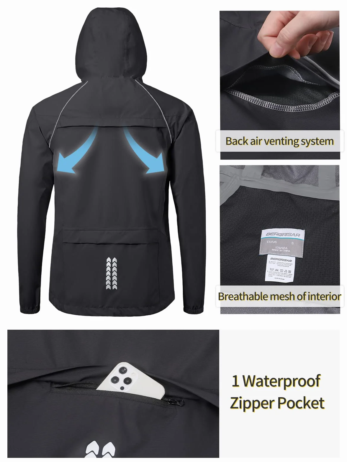 BERGRISAR Chaqueta de Ciclismo Impermeable Transpirable Ligera Hombre Capucha