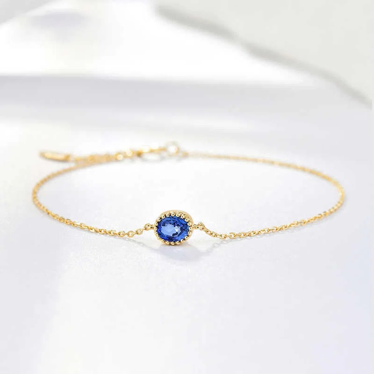 Pulsera de eslabones de cadena para mujer, pulsera vintage de zafiro azul de 0,4 quilates, cadena ovalada de oro amarillo