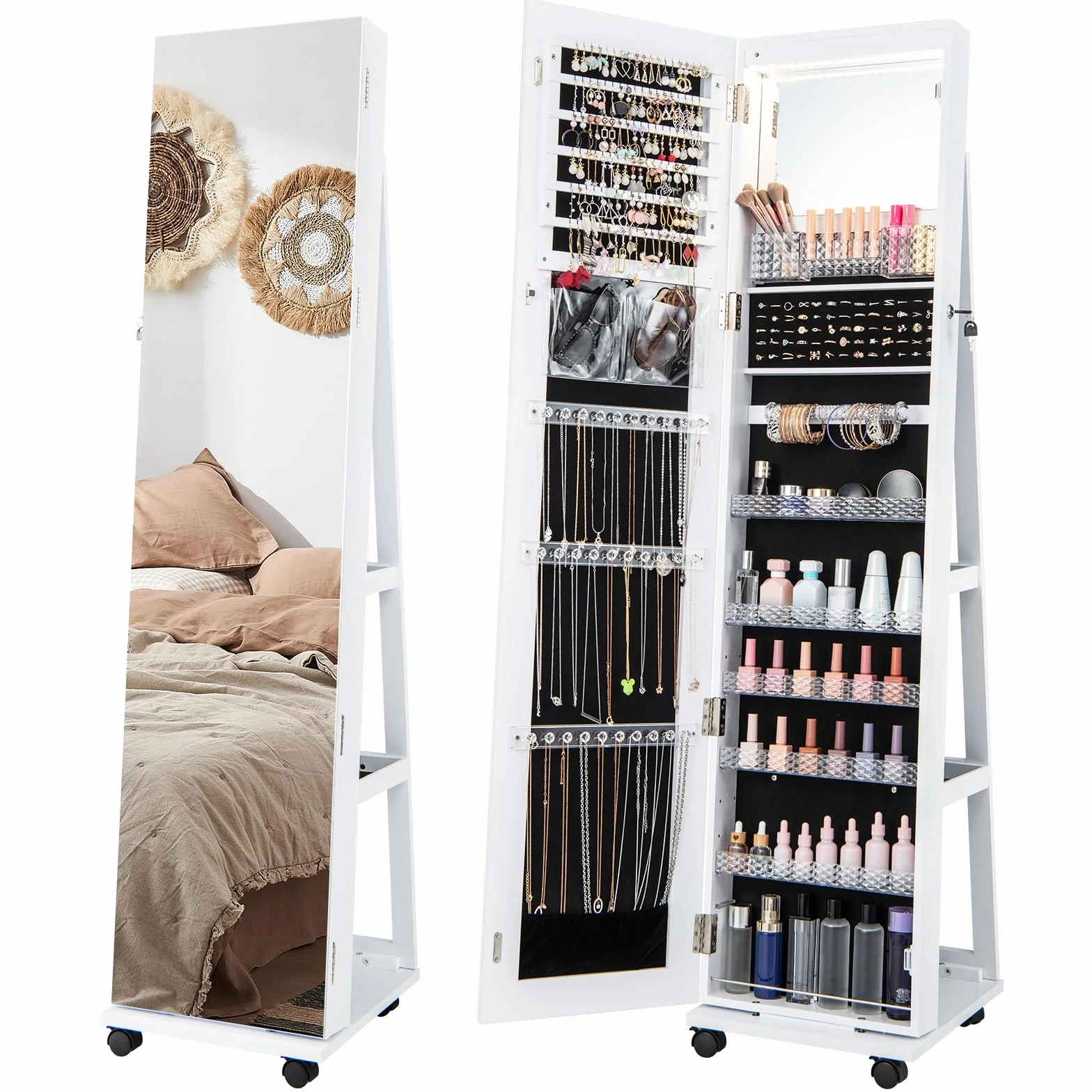 HOMASIS Armario para joyas con ruedas, Armario giratorio con luces LED de 3 colores y estantes ajustables, Espejo joyero de pie para collares, pendientes, maquillaje, 40x38x163cm (Blanco)
