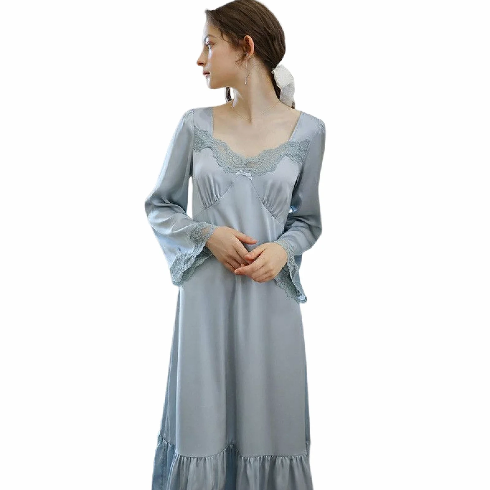 OFFSUM Camisón De Pijama De Mujer - Sexy Encaje Cuello Cuadrado Camisón Vintage Elegante Estilo Palaciego Camisón Primavera Verano Satén Ropa De Dormir Vestido Ropa