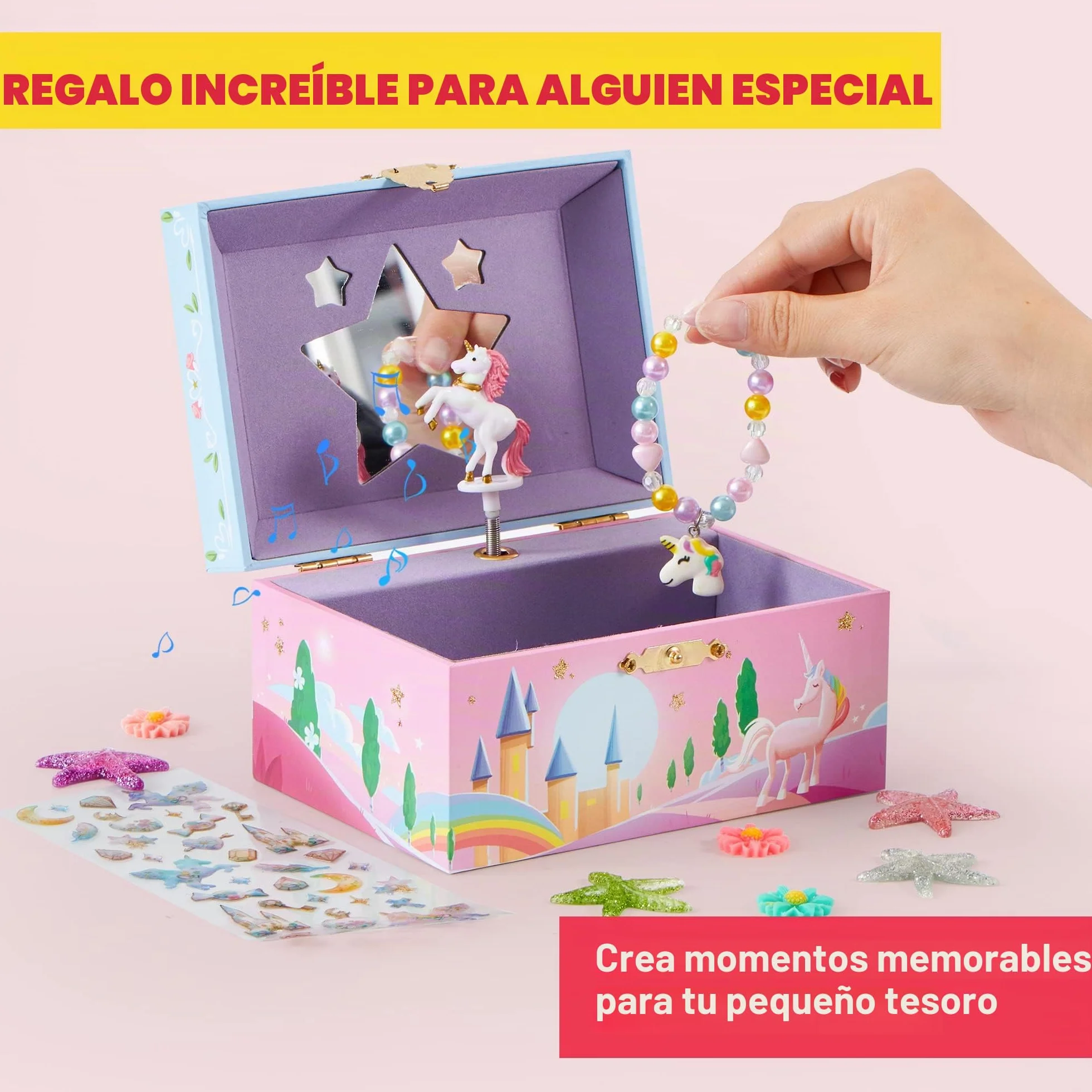 JOYIN Joyero musical de unicornio con espejo estrella, pulsera y calcomanías