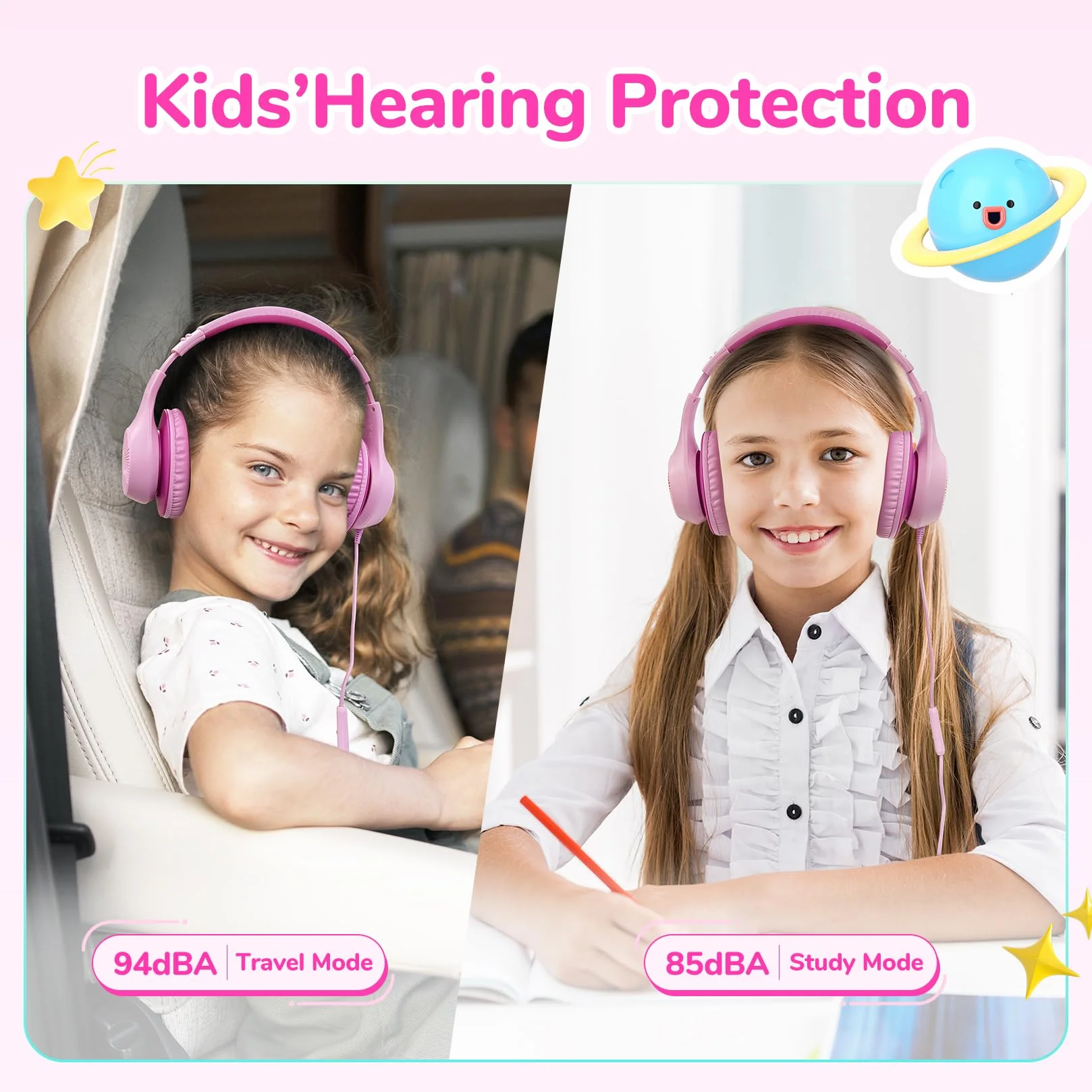 EarFun Auriculares para Niños con Micrófono, Cascos Infantiles con Cable Jack 3,5 mm, Volumen Limitado 85/94 dB, Sonido Estéreo HD, Diadema Plegable para Pad, Tabletas, La Escuela, Rosa