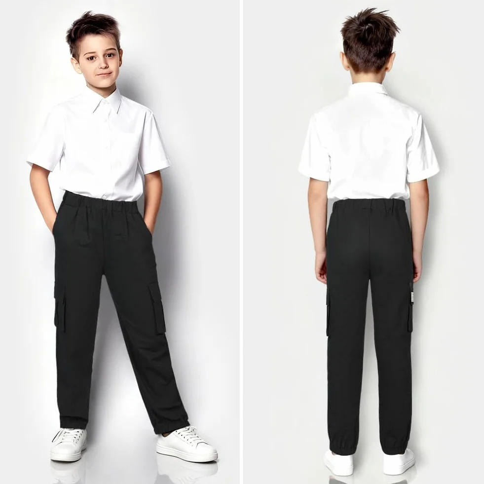 Pantalones Cargo para Niños Algodón Cintura Elástica Negro 8-13 Años