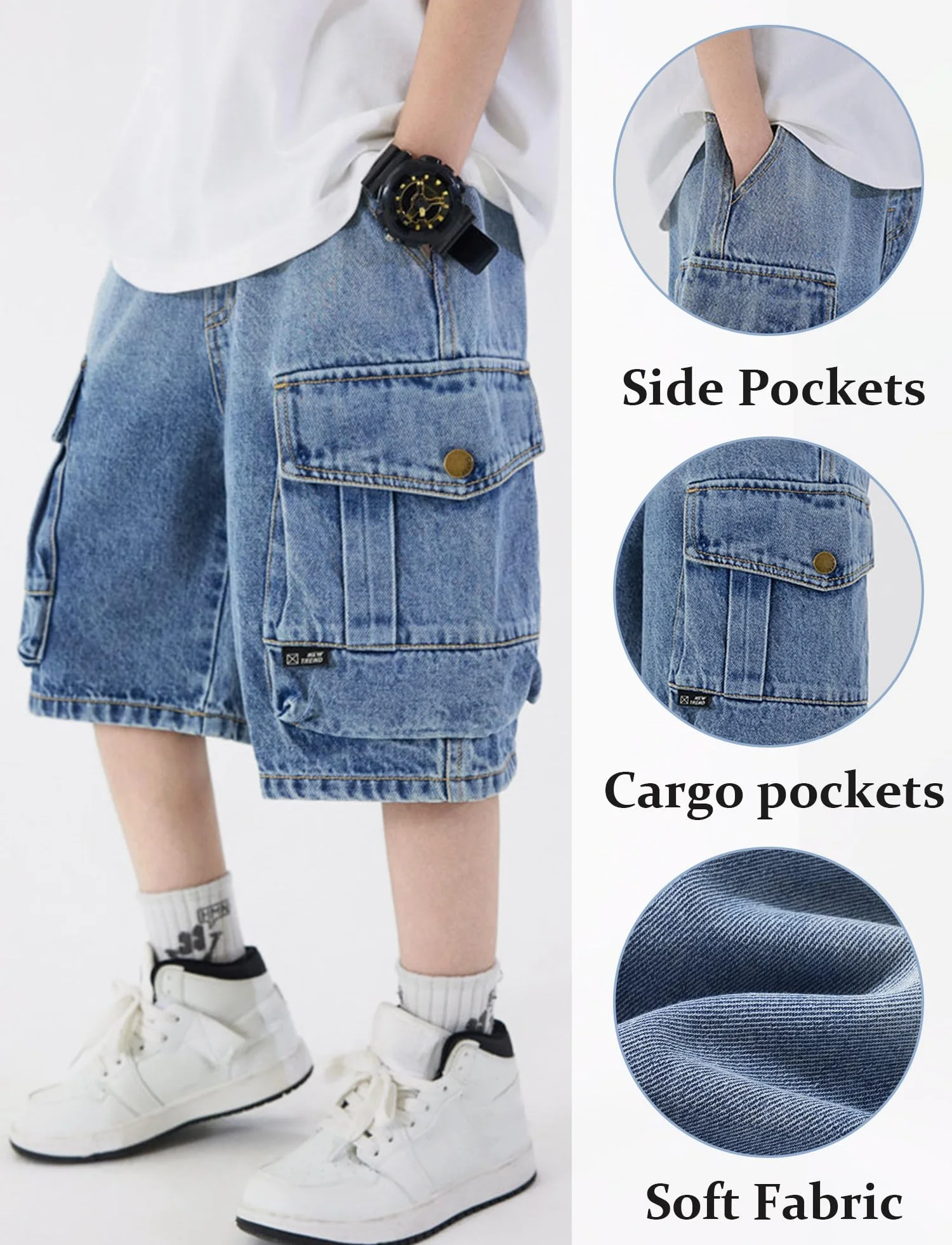SEAUR Pantalón Corto Vaquero Niño Denim Baggy Jean Shorts Elástico Cintura Bermuda con Bolsillos