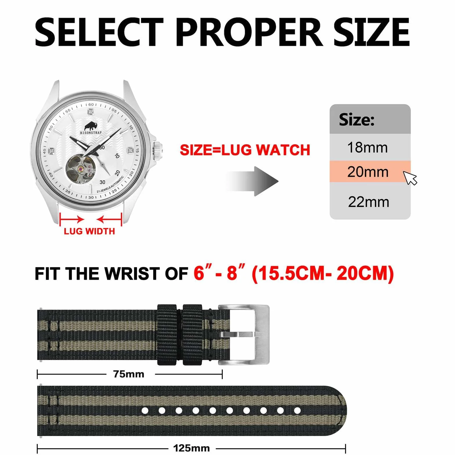 BISONSTRAP Correas de Nailon Militar, Correas de Reloj para Hombres, Liberación Rápida, Hebilla Cepillada, Ancho de Correa 18mm 19mm 20mm 22mm
