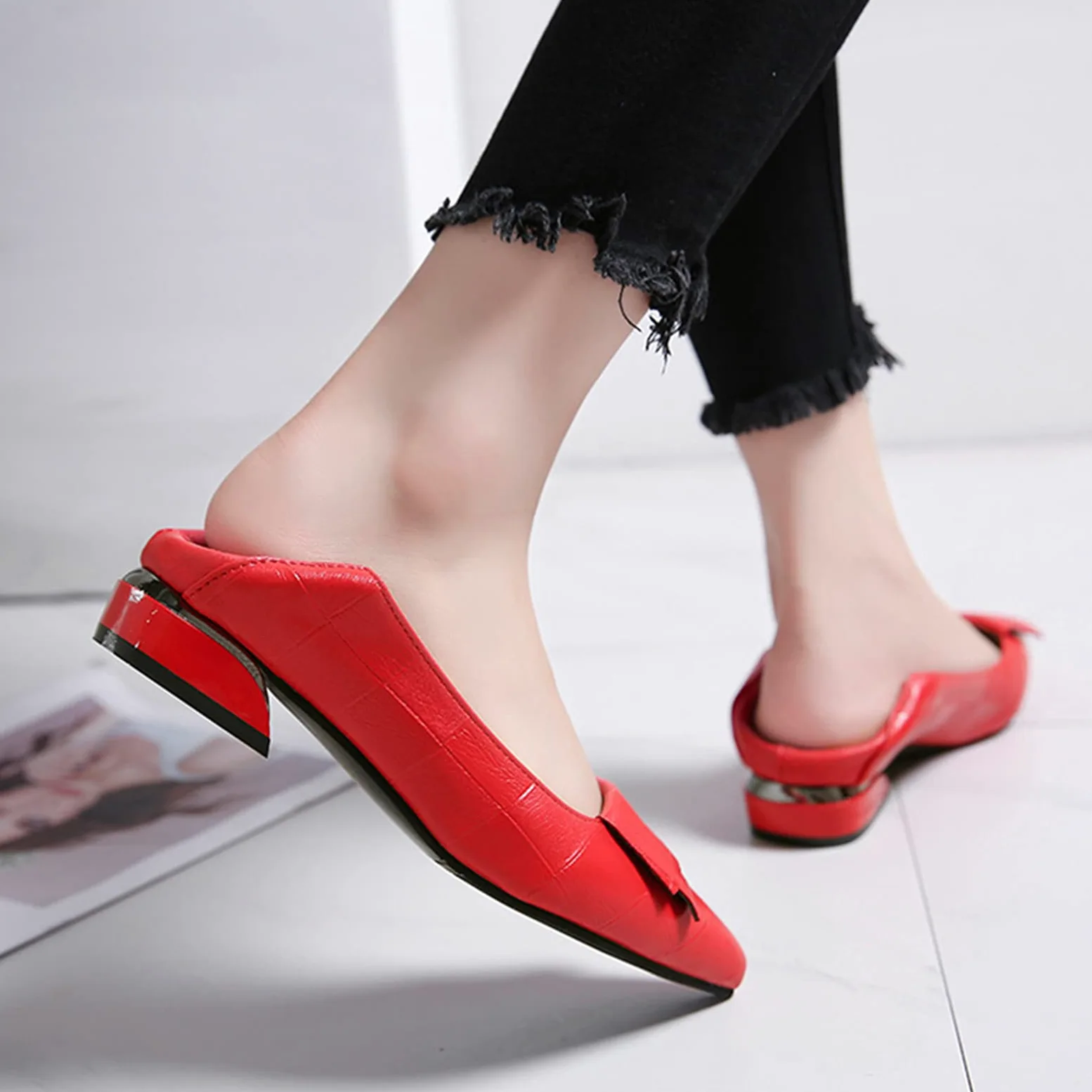 Mujer Puntiagudo Cuadros Zapatos de Tacón Cuero Suela Blanda Ballerinas