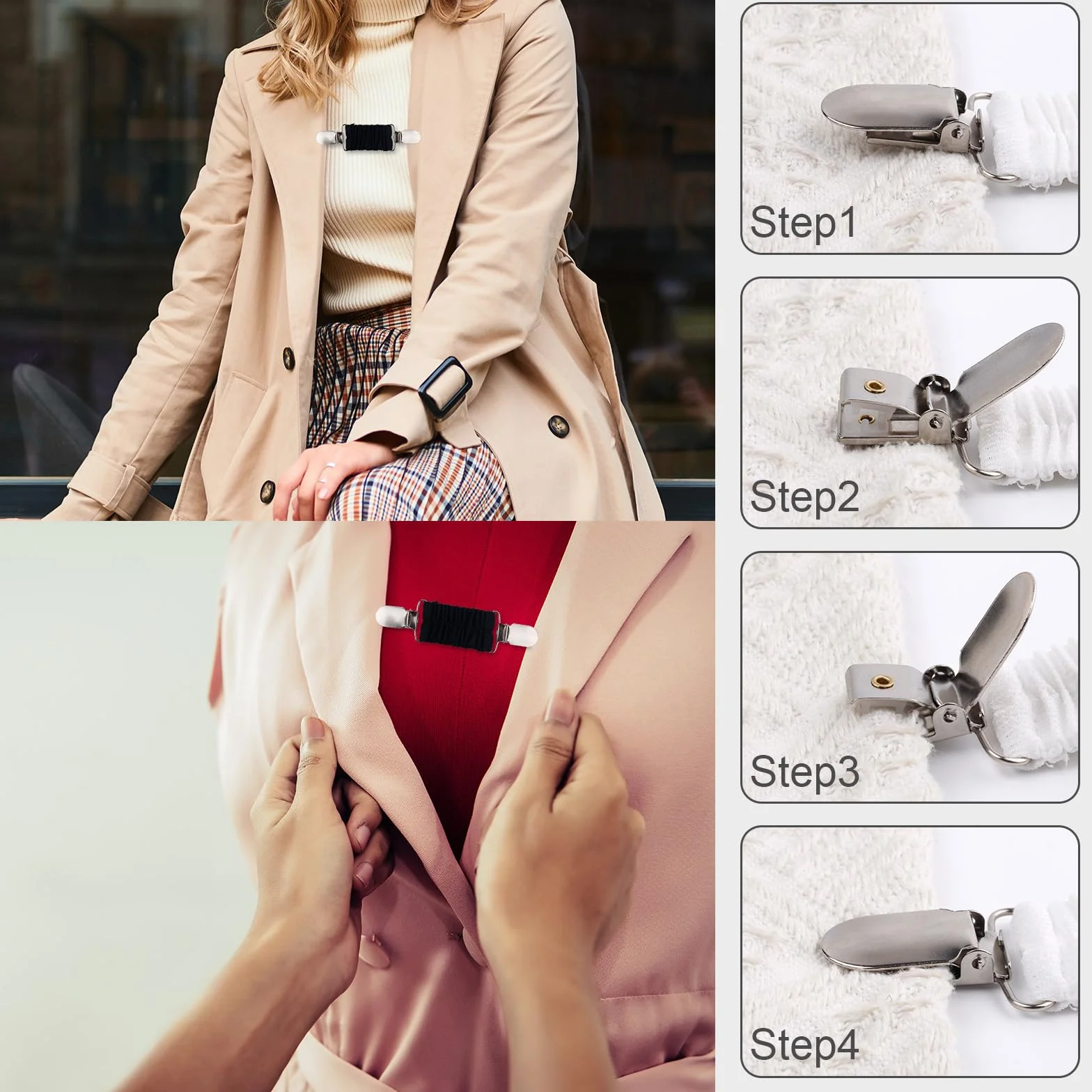 Mikovivi 4uds Pinzas para Vestido con Cincha Trasera, Cinturilla Elástica Ajustable de Poliéster con Clips para Mujer Que Ajusta la Ropa Vestidos y Suéteres Shawls (4 Colores)