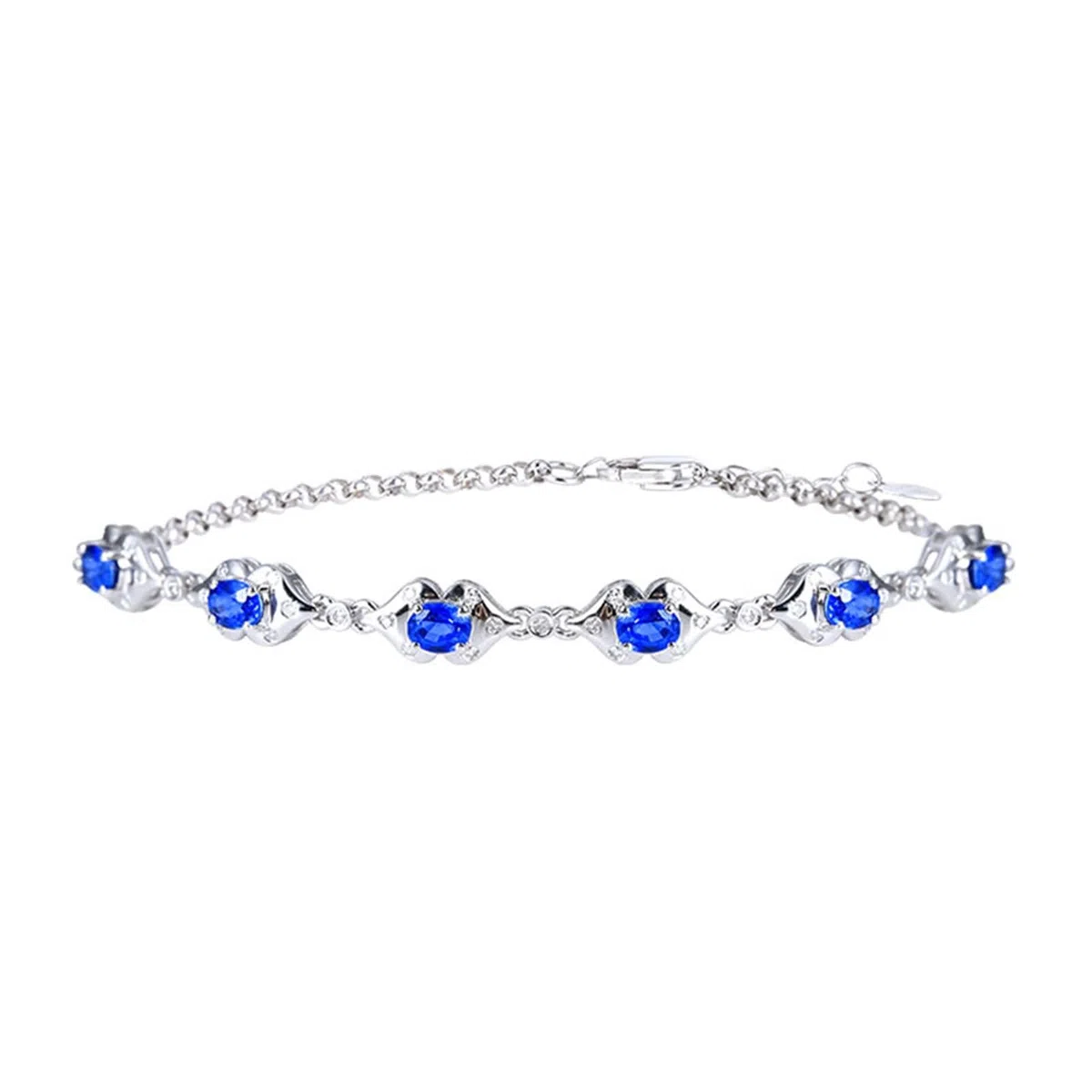 Pulsera Mujer de Oro Blanco 9 Kilates / 14 Kilates / 18 Kilates, Oval con Zafiro Creado de 1,79 ct y Moissanita, Cadena Extensible 16 CM + 5 CM, Pulsera Mujer de Plata Azul