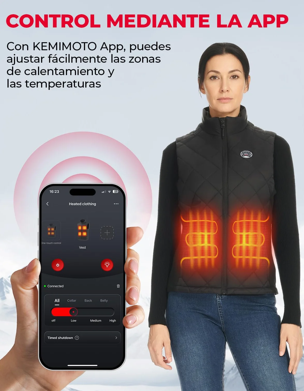 KEMIMOTO Chaleco Calefactable Mujer Control APP 10000 mAh 4 Zonas Calefactoras