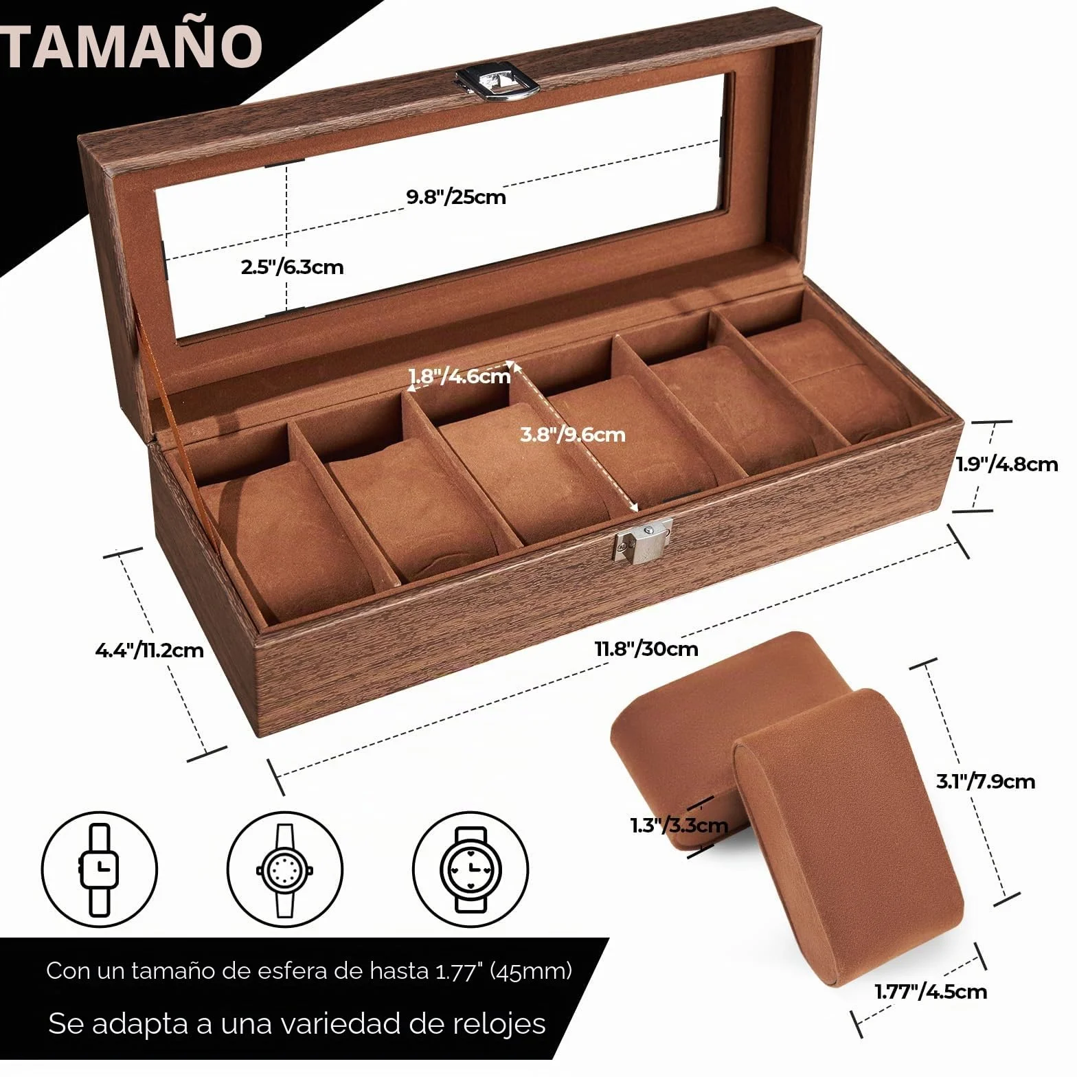 Ohuhu Caja Relojes con 6 Compartimentos, Caja para Relojes con Tapa de Cristal y Cojín Extraíble,Regalo para Cumpleaños Día del Padre Navidad
