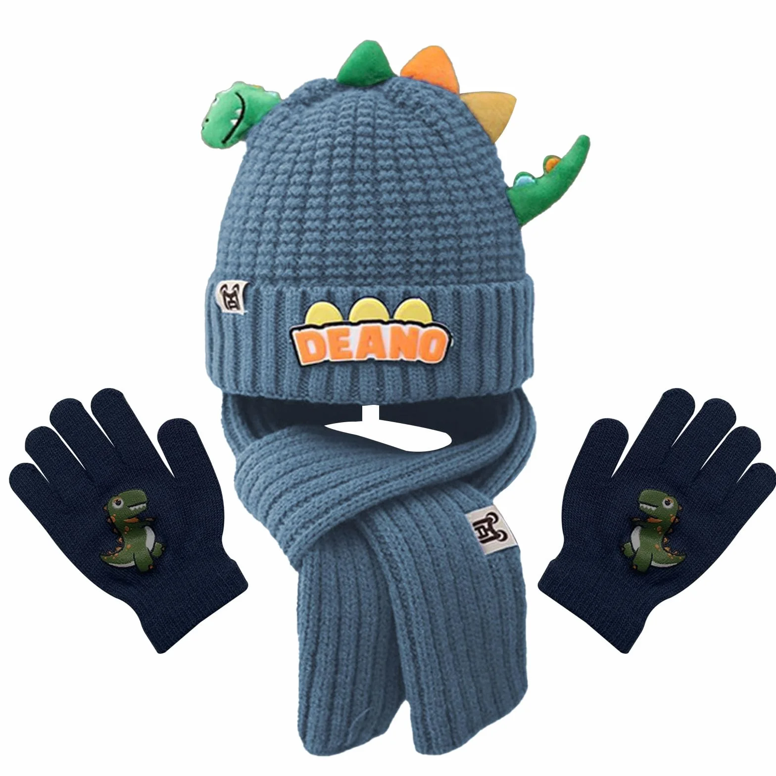 Conjunto Bufanda Gorro y Guantes Niño, Set de Gorra Bufanda Guantes Termicos Niño, 3 en 1 de Punto Gorras Beanie Bufandas Guante Termico, Diseño de Dinosaurios Lindo Gorros Scarf Winter Gloves