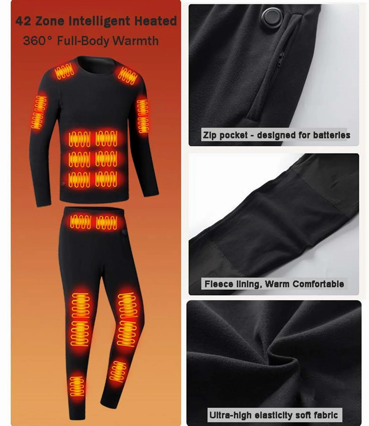 scosao Conjunto Ropa Interior Termica Calefactable Mujer & Hombre Camiseta Manga Larga y Pantalone Invierno 42 Zonas Calefacción para Correr Esquiar y Hacer Ejercicio