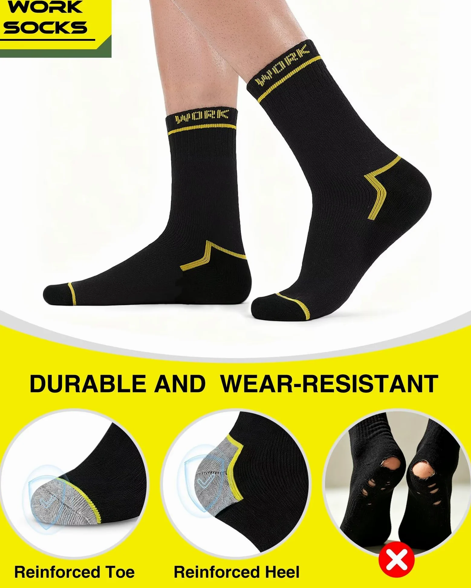 FALARY Calcetines Trabajo Hombre Bambú Rizo WORK Socks Durable 6 Pares | Respirable Cómodo, Absorbe la Humedad, Tela de Rizo Gruesa, Refuerzo en Talón y Puntera, Adecuado para Trabajadores Manuales