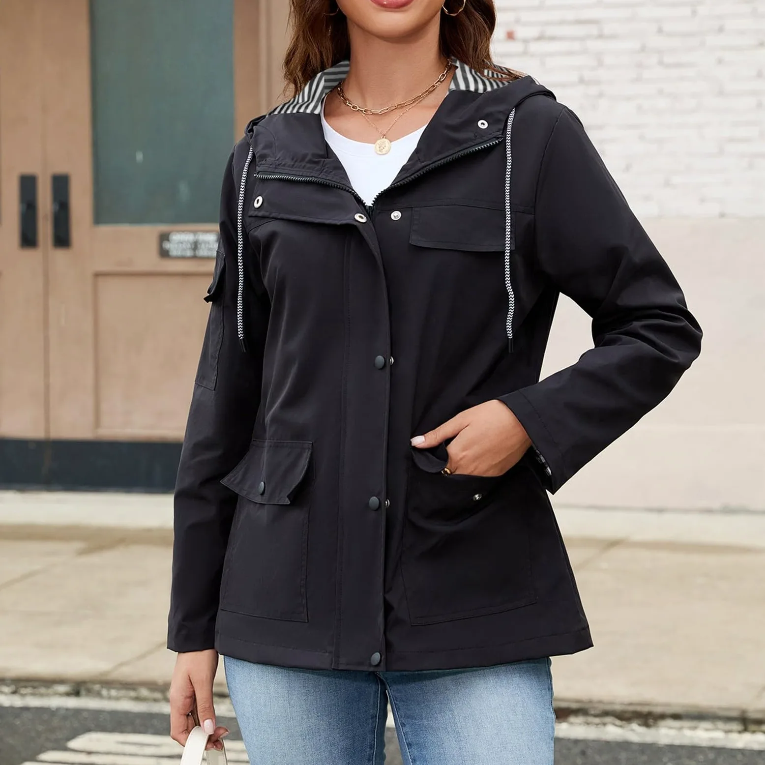 Genérico Chubasquero Mujer Impermeable-Anoraks Para Mujer Chaqueta Informal Con Capucha Y Bolsillo Cortavientos Para Uso Diario Prenda De Abrigo Ideal Para El Invierno Con Un Estilo VersáTil