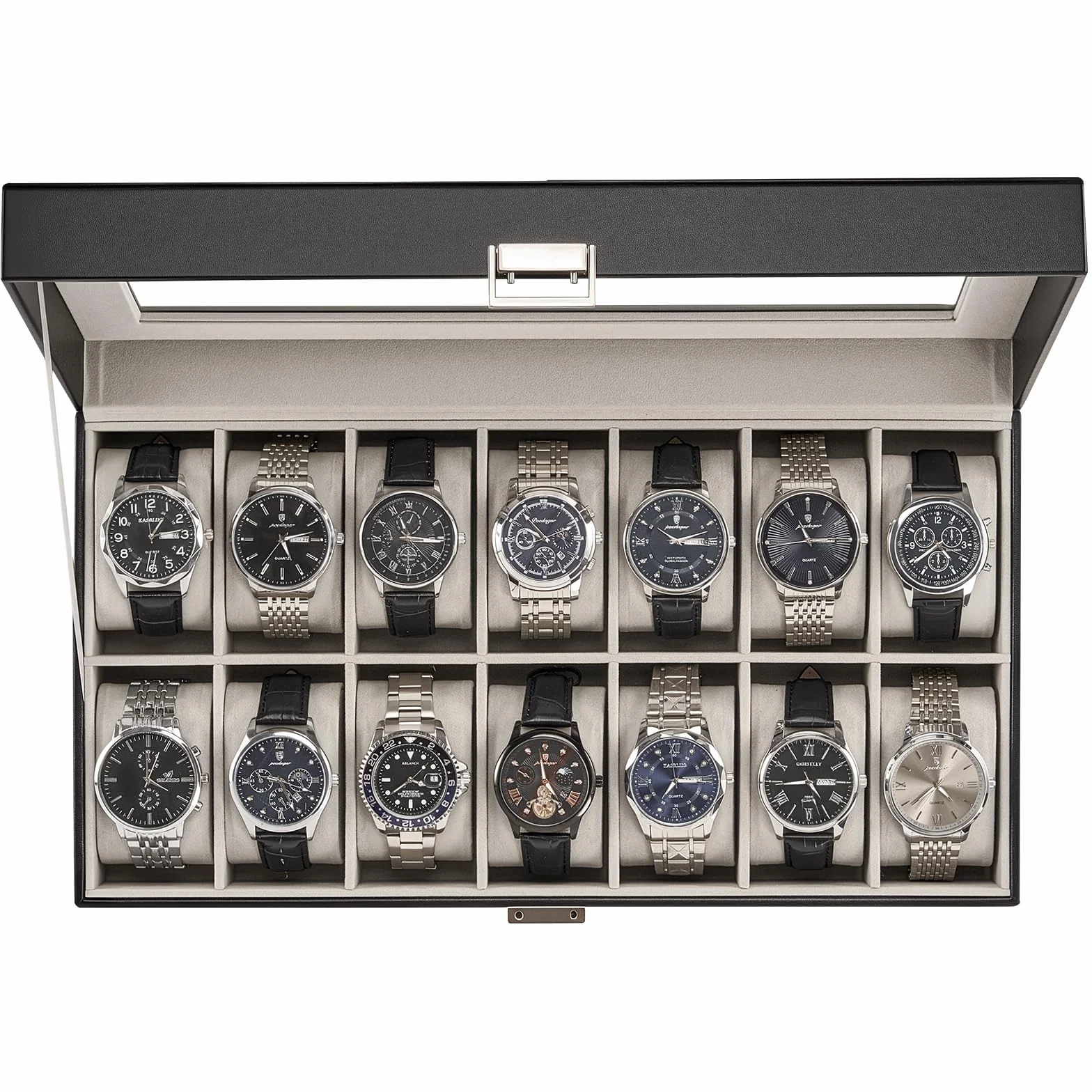 ProCase Caja Organizadora de Relojes 14 Ranuras, Estuche Joyero con Tapa de Cristal, Vitrina de Almacenamiento para Relojes, Pulseras y Joyas, Regalo Elegante para Hombres y Mujeres – Negro