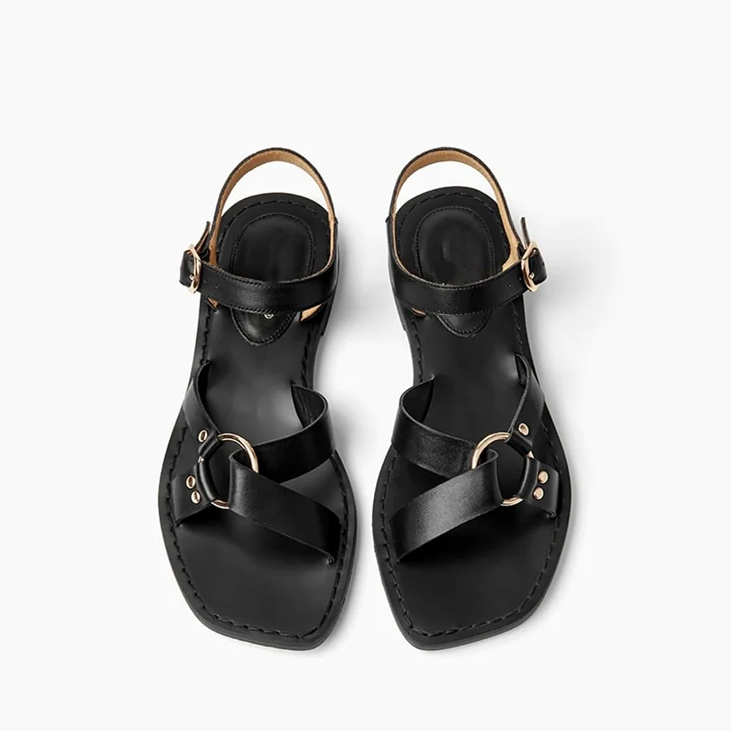 Sandalias básicas de piel de vacuno con hebilla y correa al tobillo para mujer, tacón plano, estilo casual, para verano, Brown, 40.5 EU