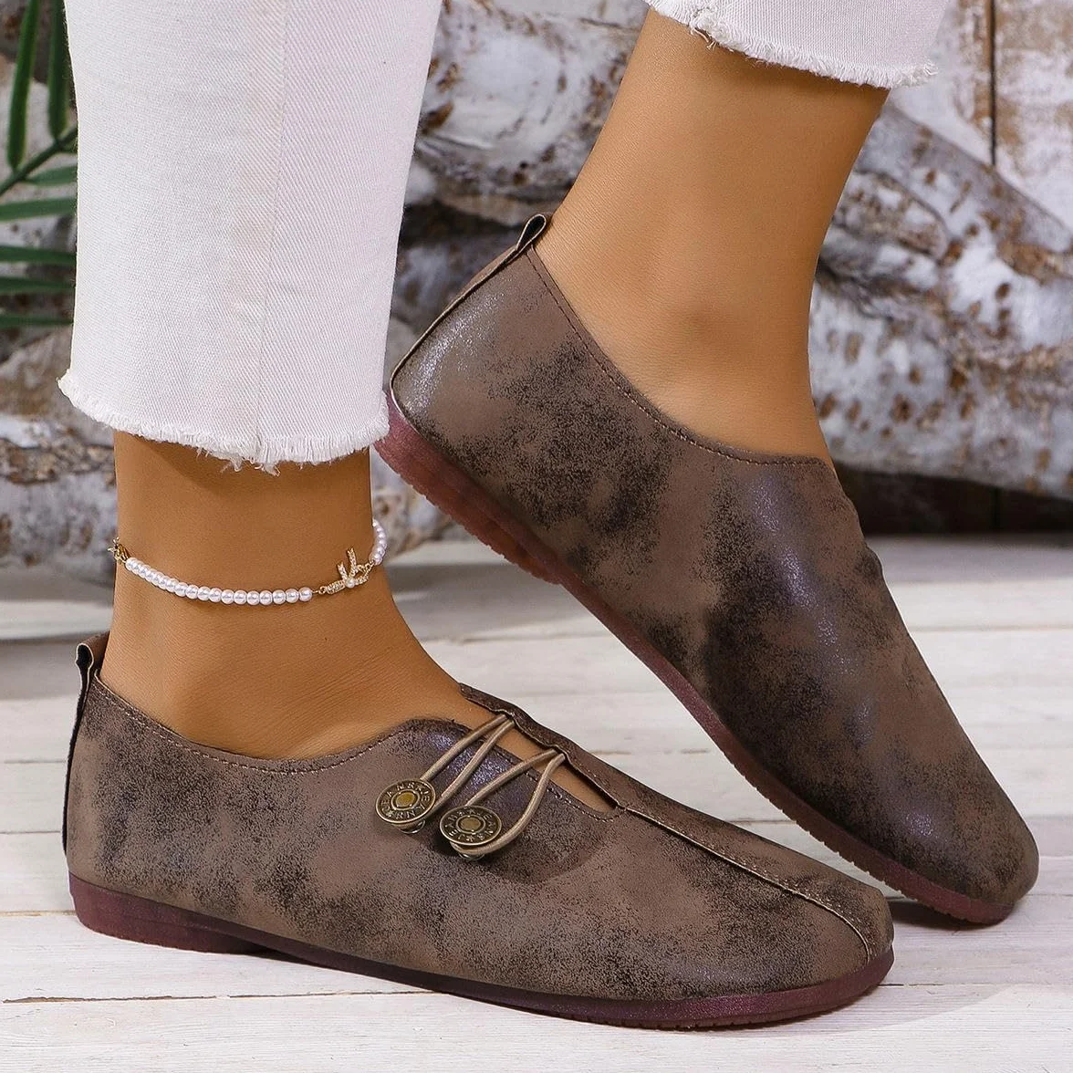 Zapatos ortopédicos suaves y flexibles, mocasines retro de ajuste ancho para mujer, ligeros, cómodos, ortopédicos, de gamuza de ballet, sin cordones, zapatos planos elásticos con botones para mujer
