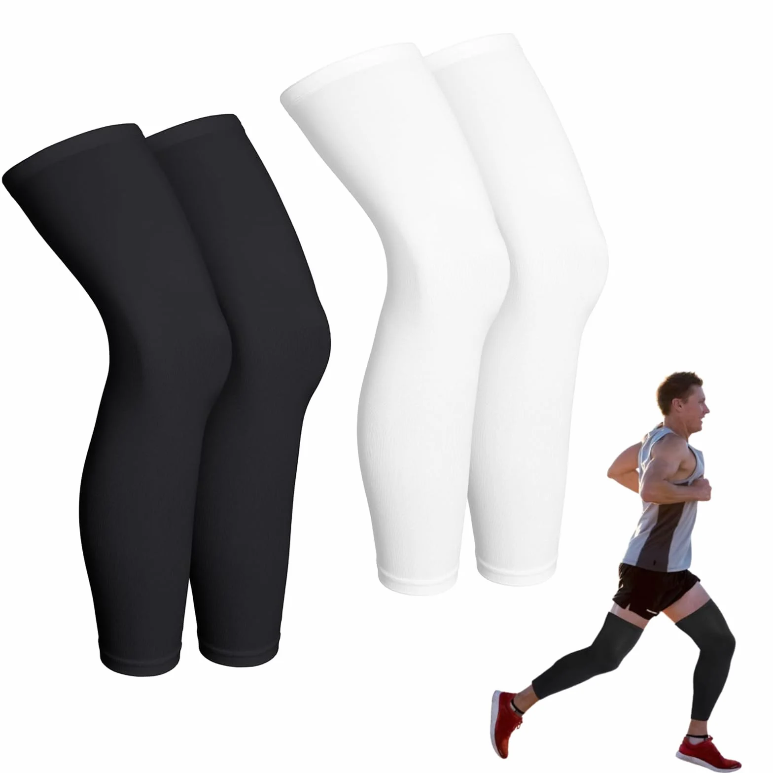 PIMXL 2 Pares Calentadores de Compresión para la Rodilla, Calcetines de Compresión, Mangas de Pierna de Compresión Mangas de Longitud Completa Mangas para Unisex, Rodilla, Muslo (Negro y Blanco)