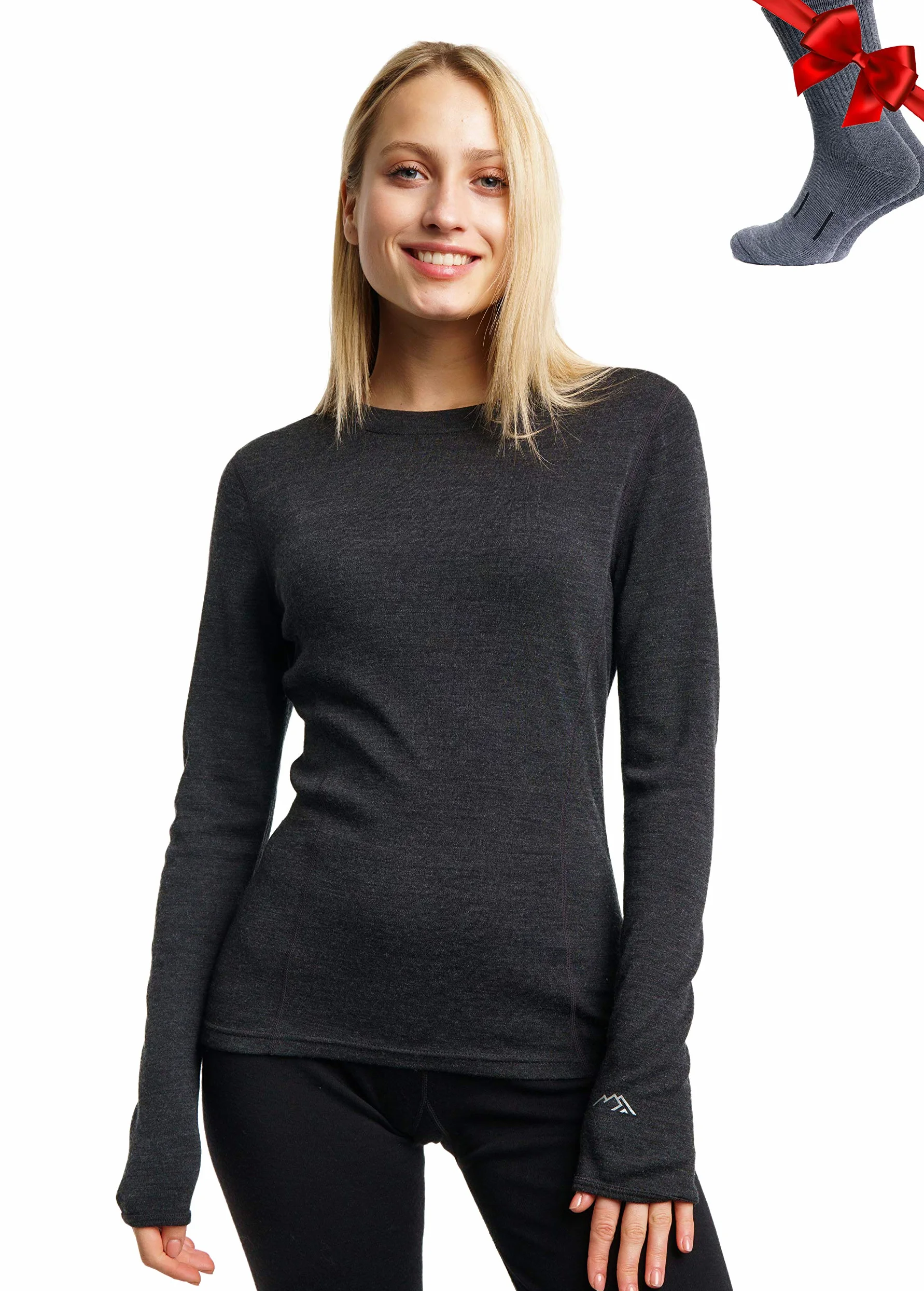Merino.tech Camiseta Termica Lana Merino Mujer - Ropa Térmica + Calcetines | Capa base para todo el año (diario, deporte y outdoor). Antiolores, no pica